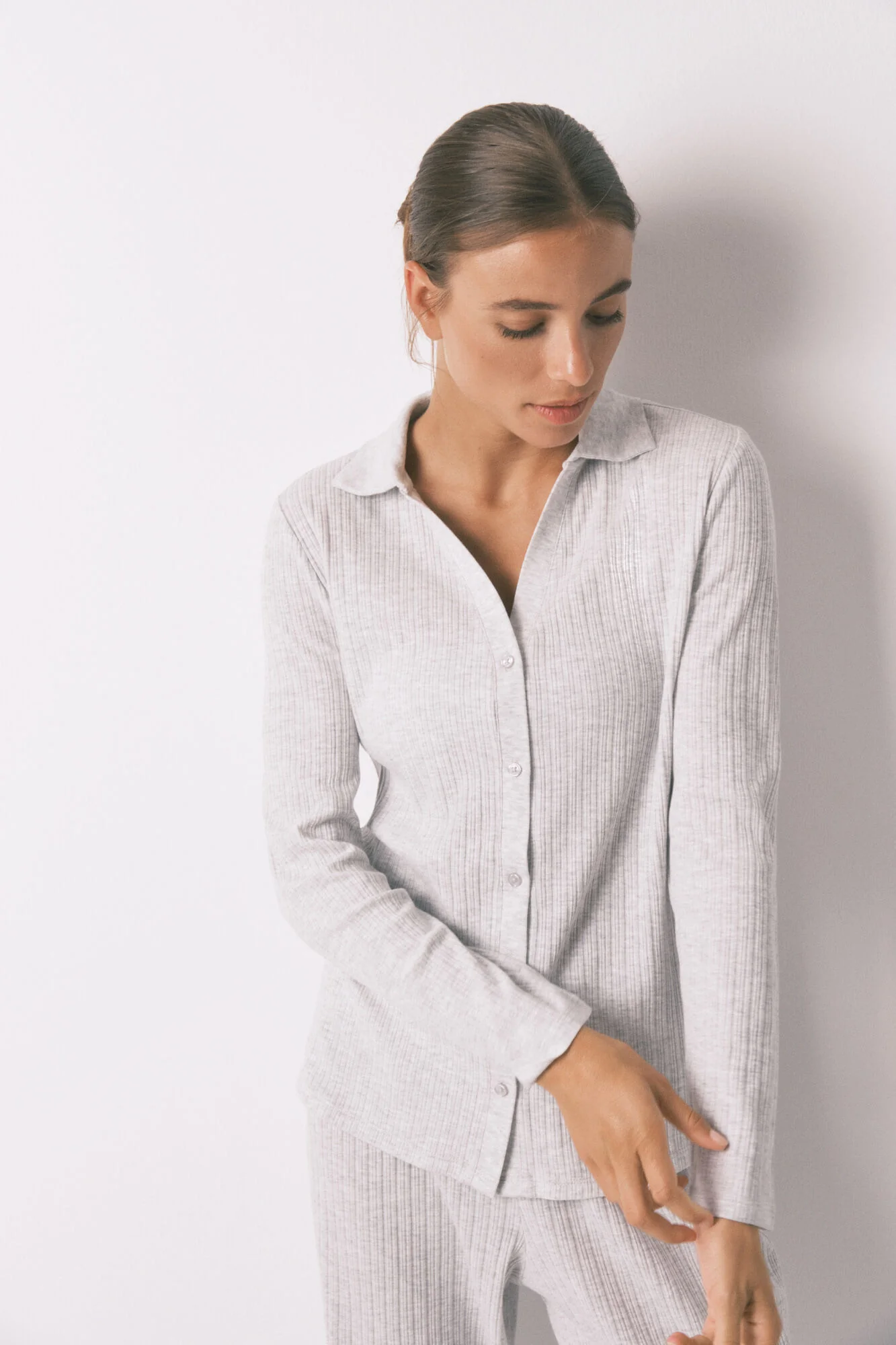 Long gray ribbed cotton pajamas - Image 6