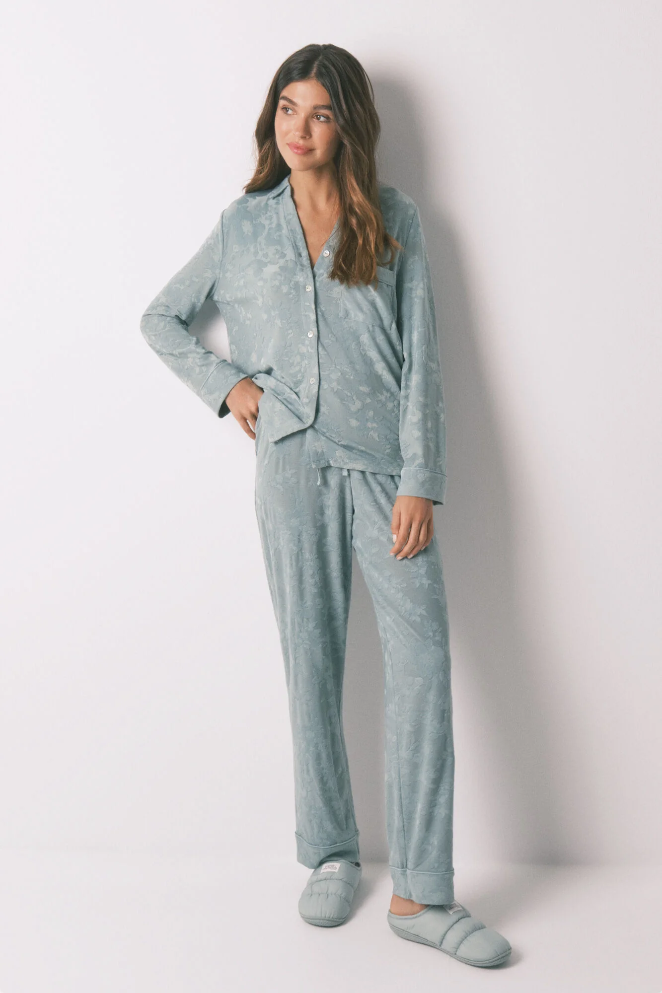 Long green floral jacquard classic pyjamas