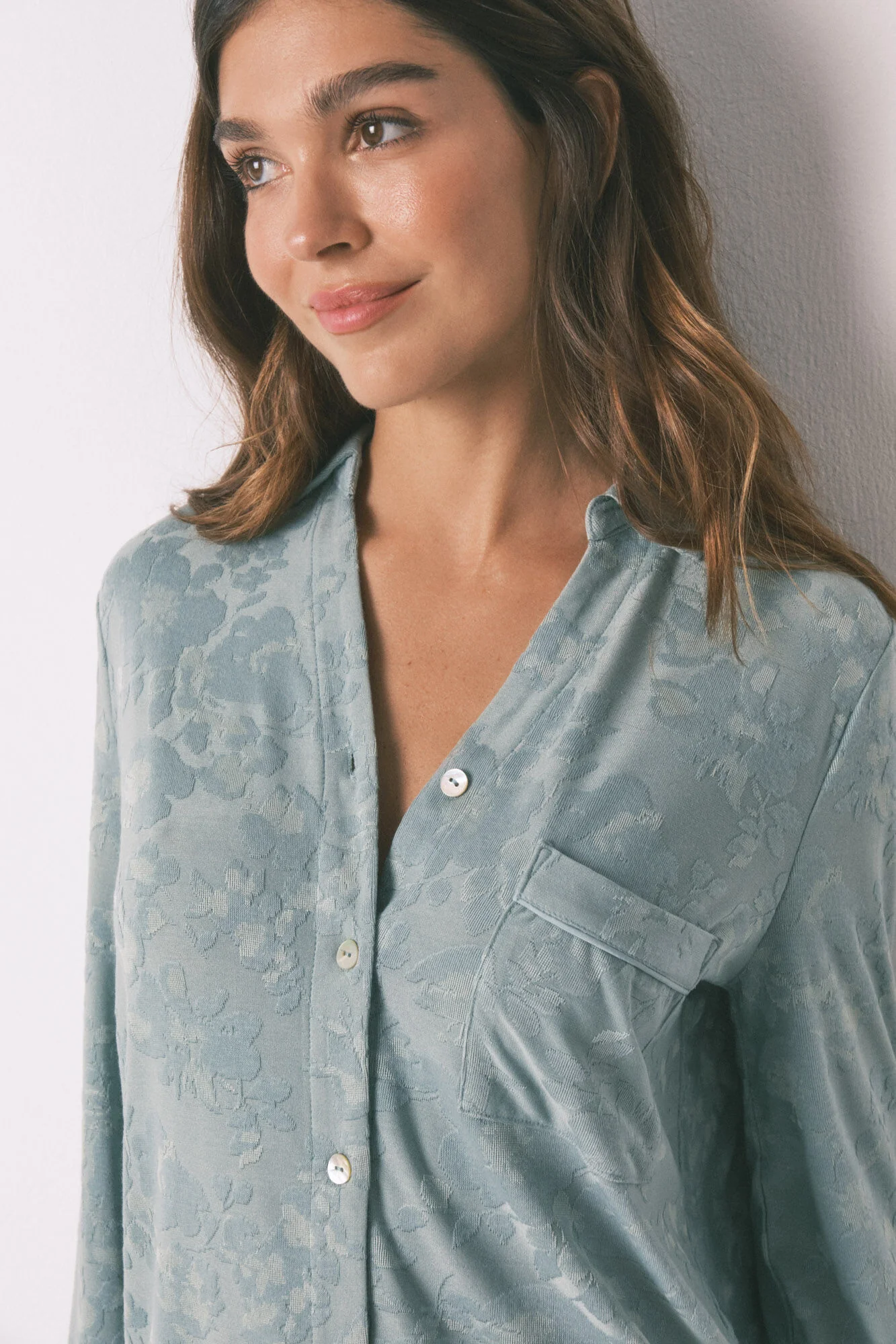 Long green floral jacquard classic pyjamas - Image 2