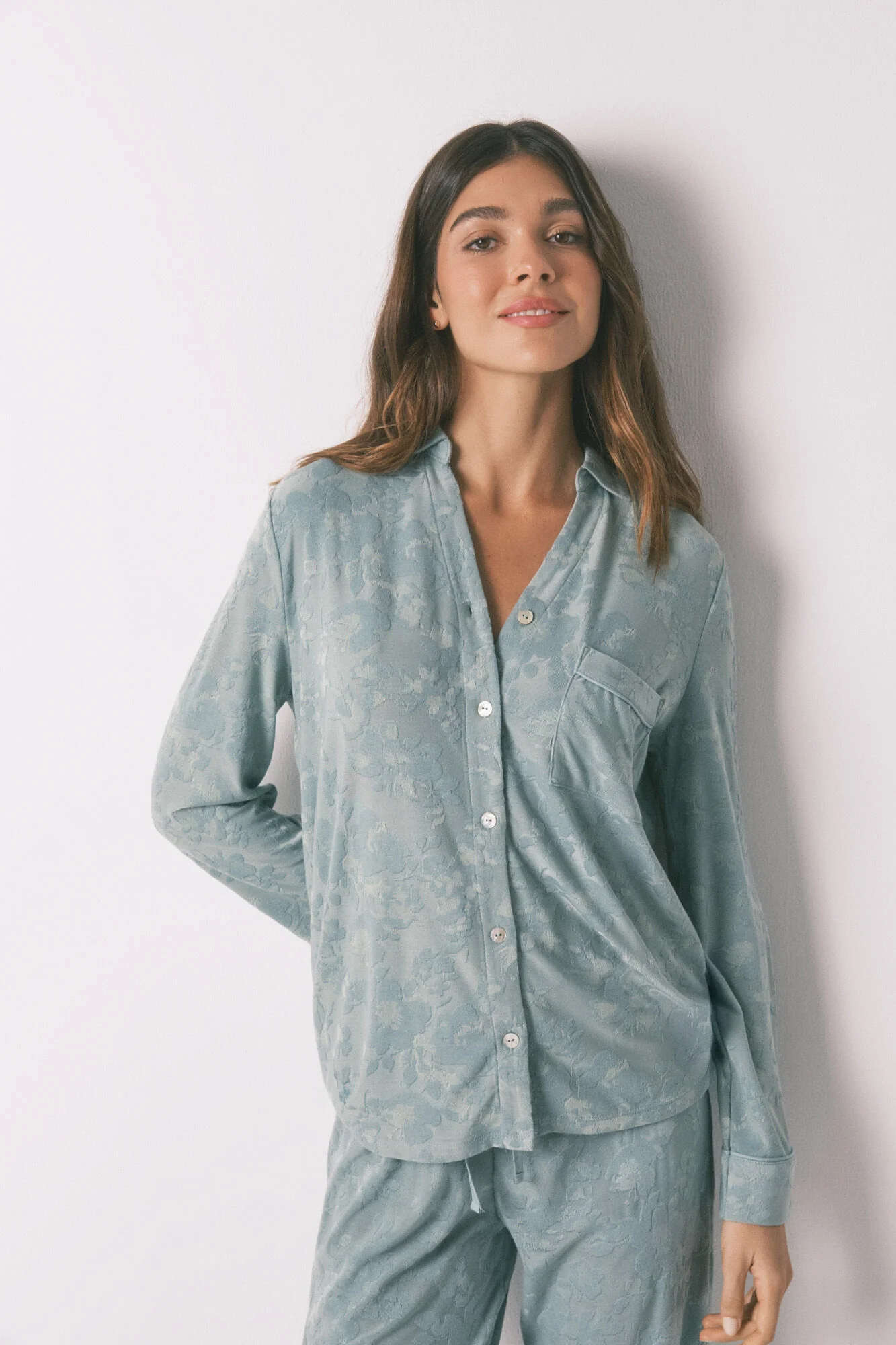 Long green floral jacquard classic pyjamas - Image 6