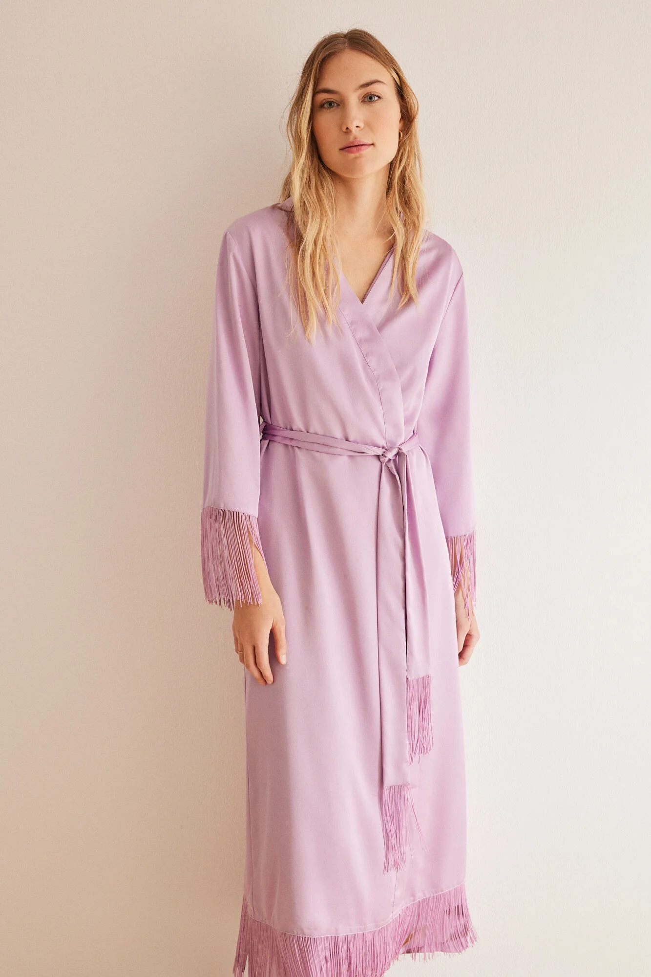 Long lilac fringed satin robe