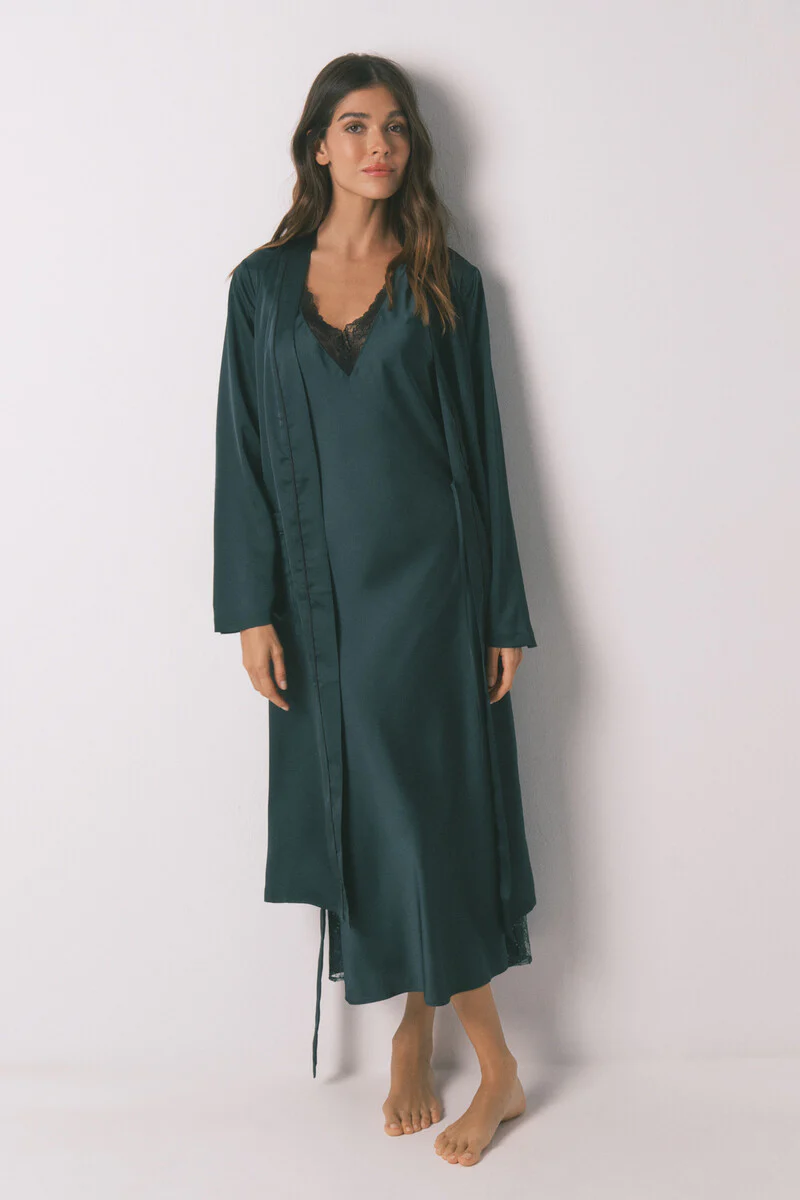Long loose green satin robe
