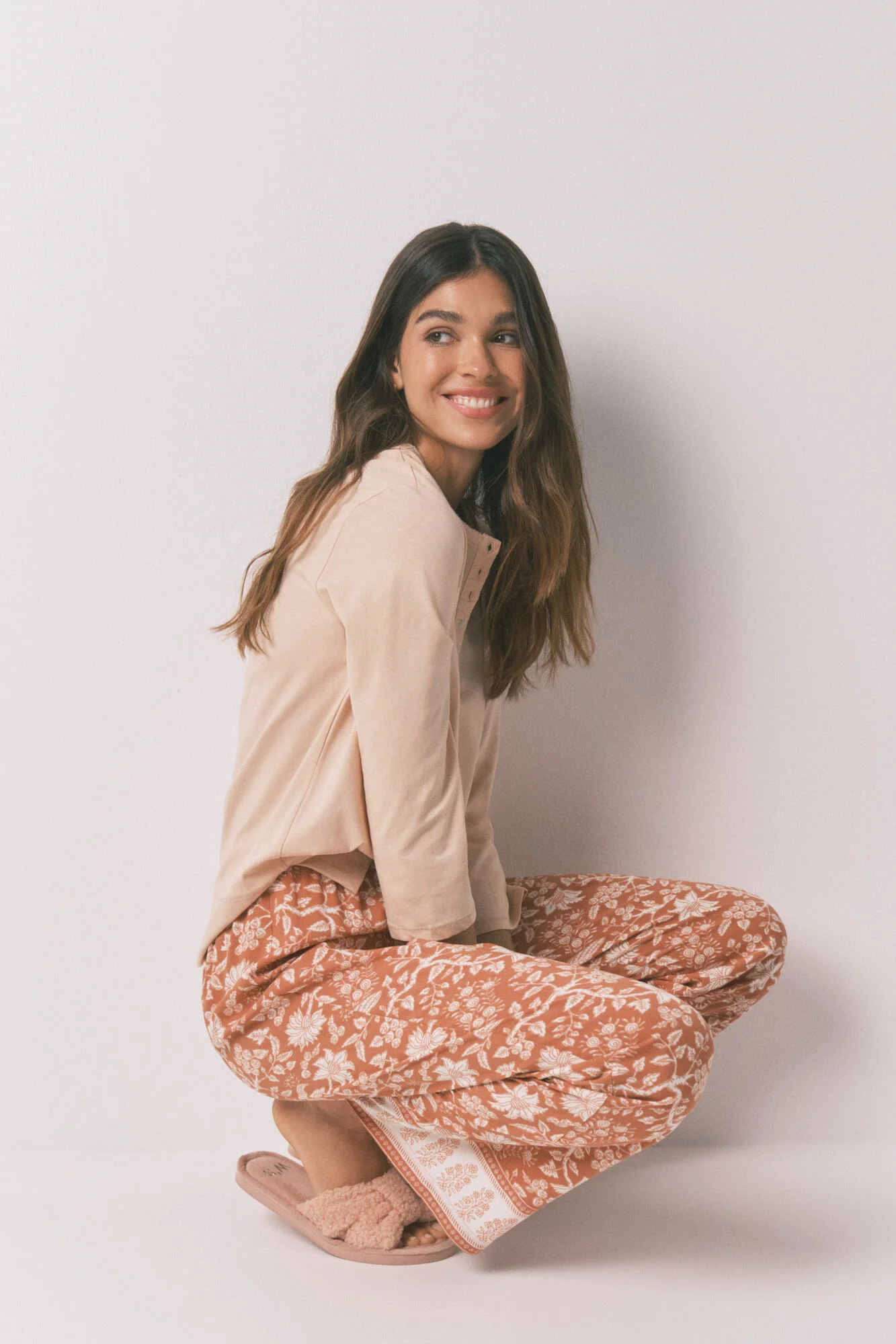 Long orange floral viscose trouser