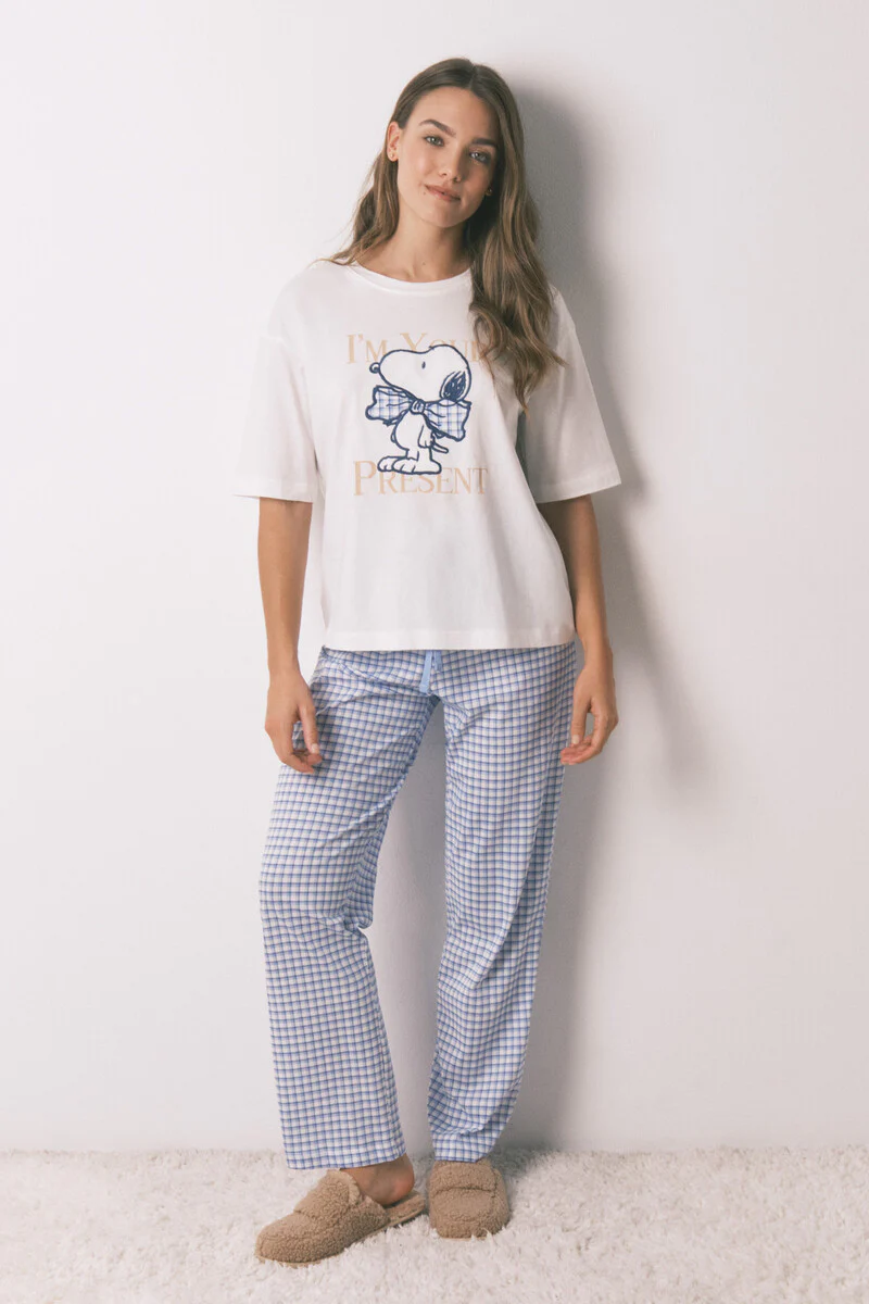Long pyjamas short sleeve sleeved cotton Snoopy Vichy pyjamas