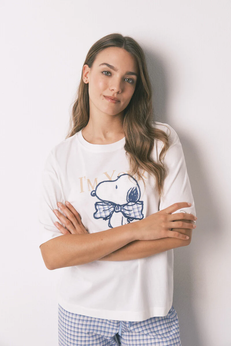 Long pyjamas short sleeve sleeved cotton Snoopy Vichy pyjamas - Image 3