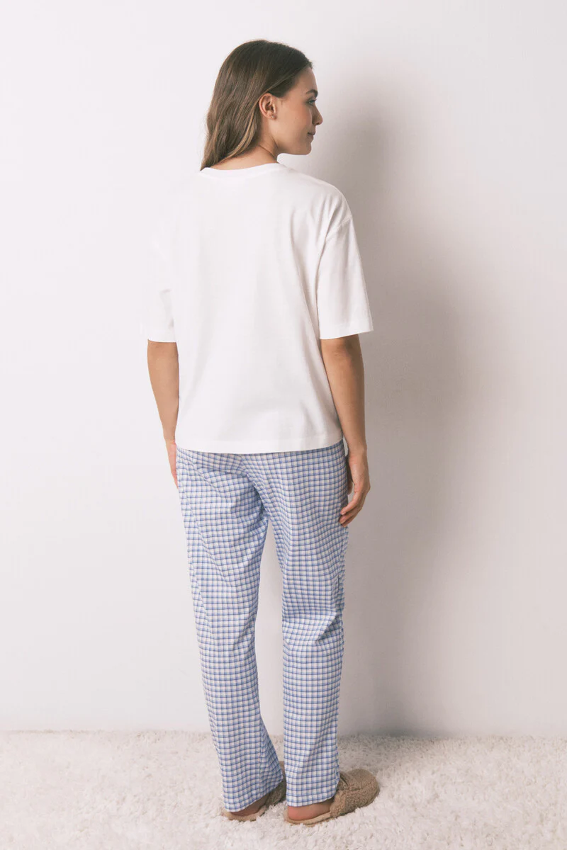 Long pyjamas short sleeve sleeved cotton Snoopy Vichy pyjamas - Image 4