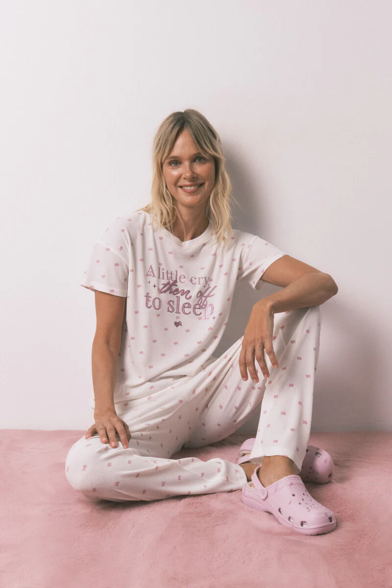 Long pyjamas with short waffle fabric T-shirt
