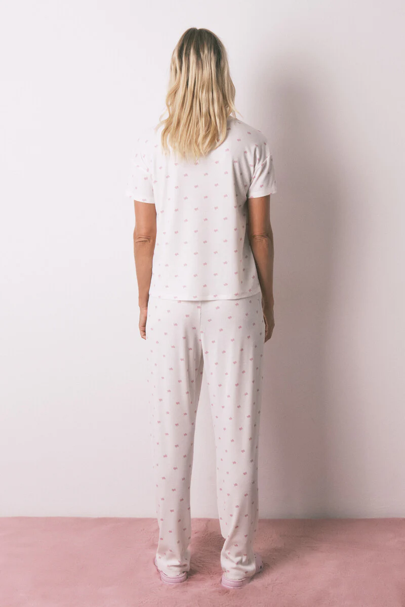 Long pyjamas with short waffle fabric T-shirt - Image 3