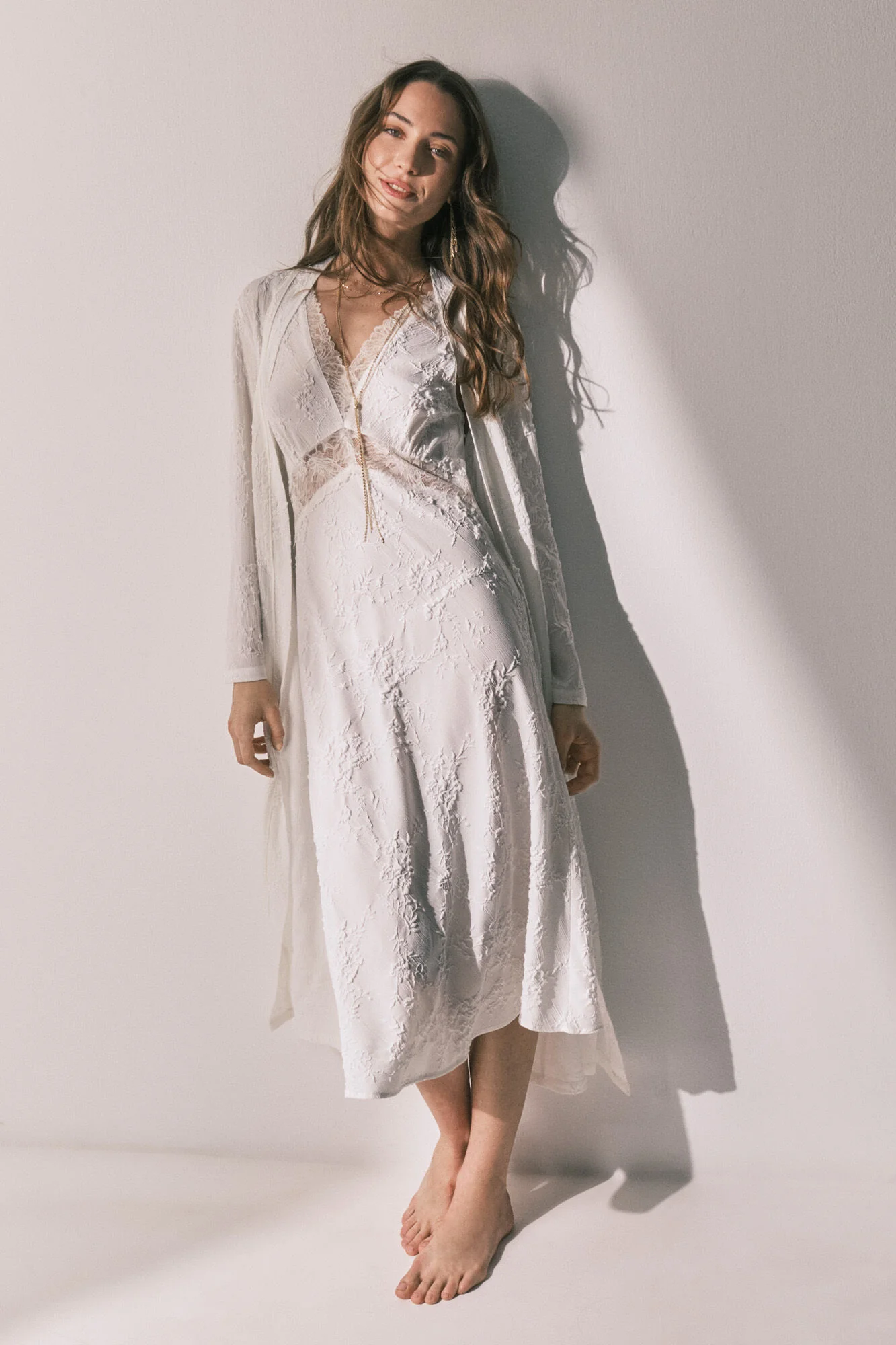 Long satin jacquard robe in White - Image 10