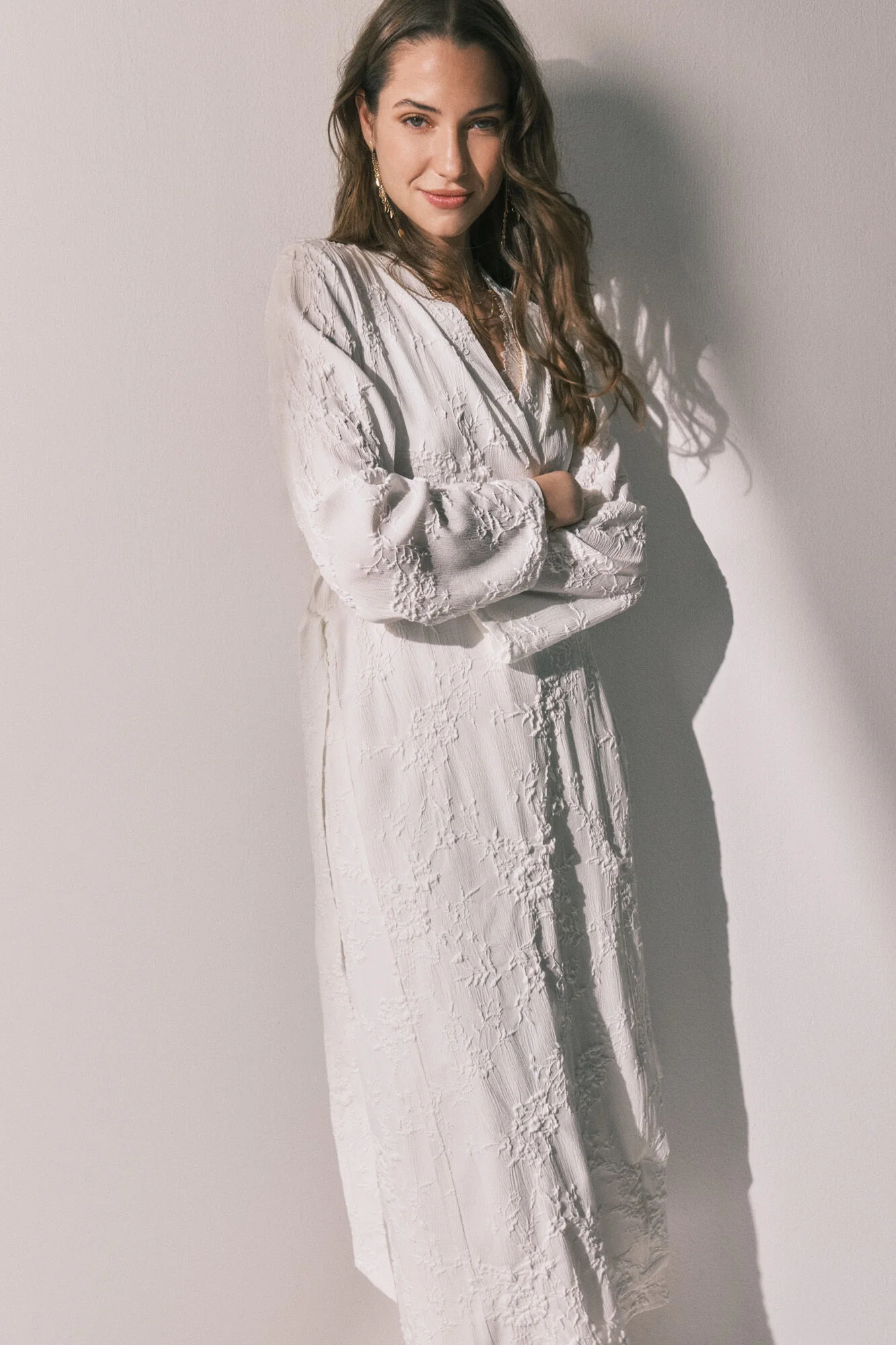 Long satin jacquard robe in White - Image 6