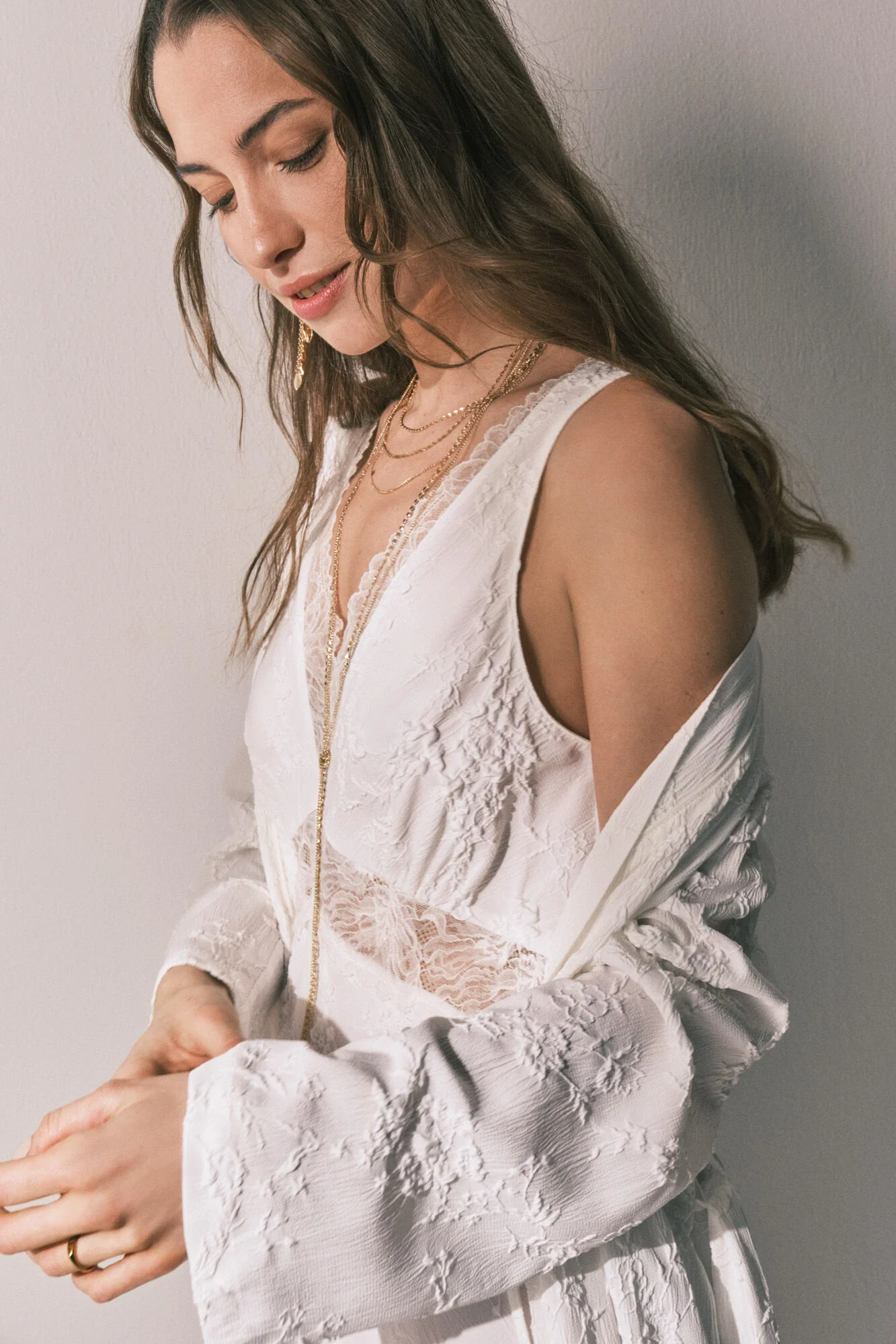 Long satin jacquard robe in White - Image 7