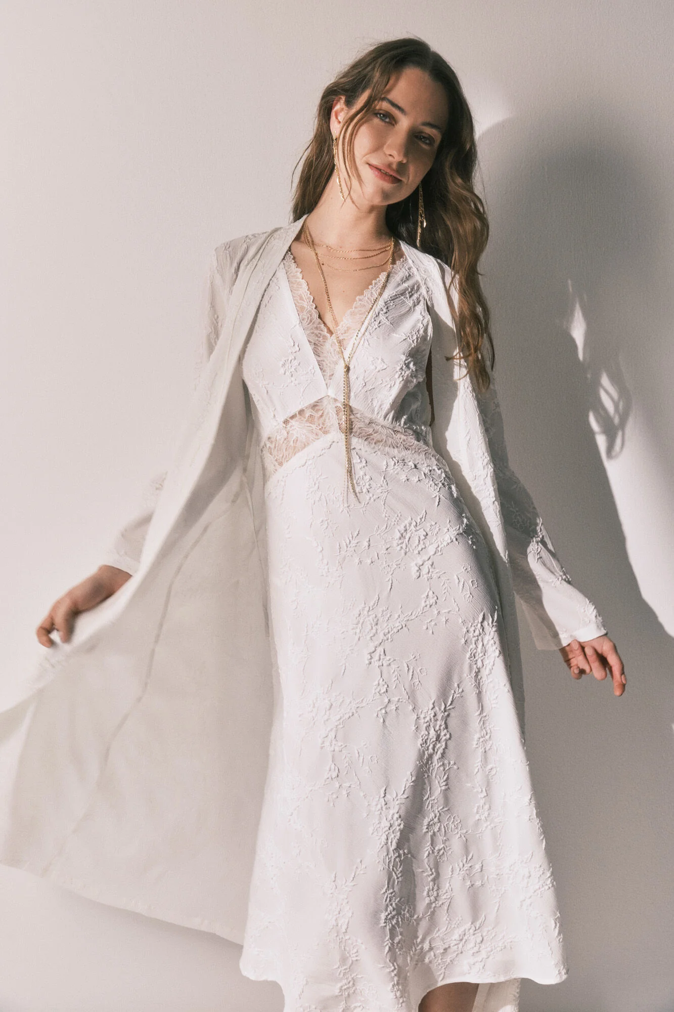 Long satin jacquard robe in White - Image 8