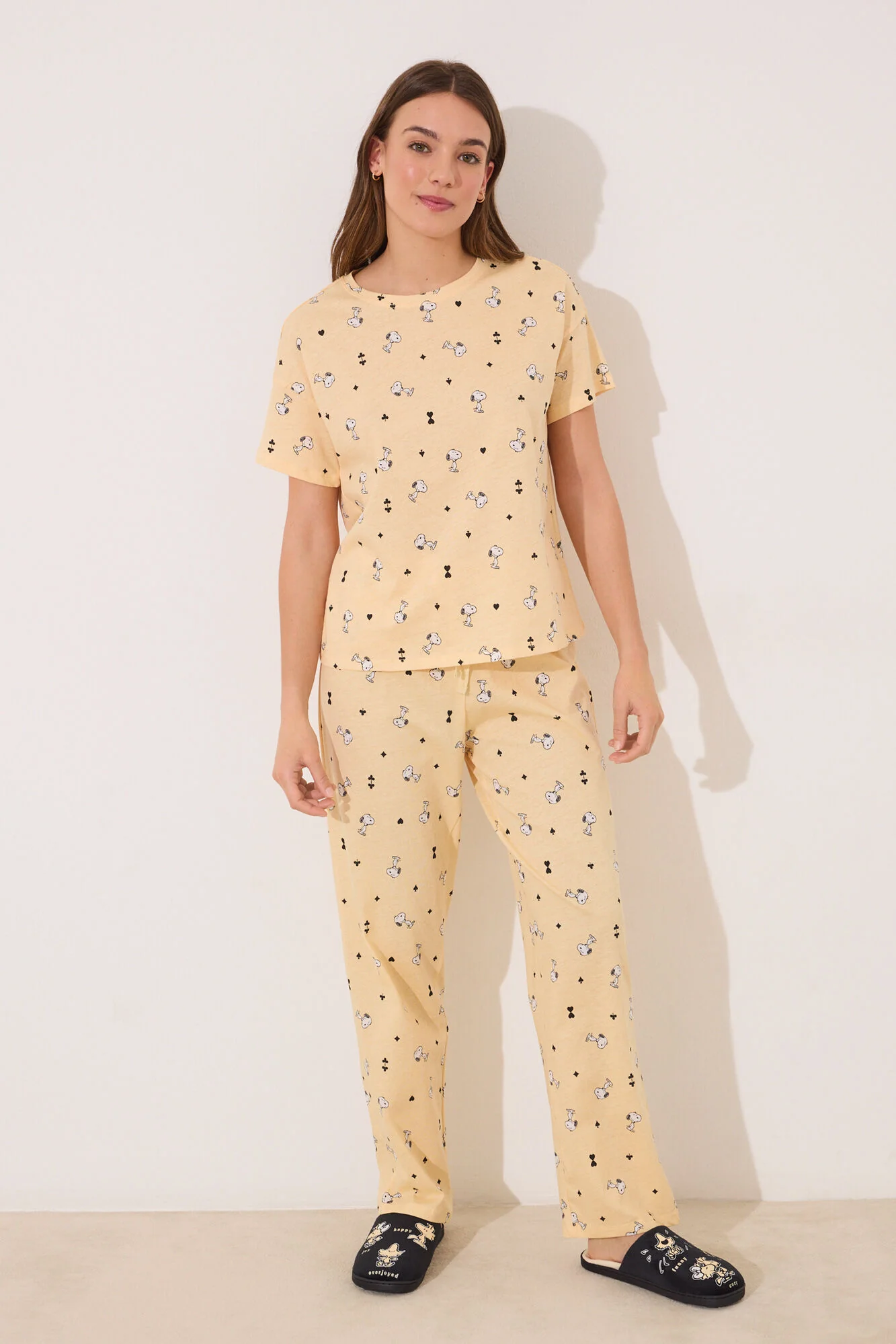 Long short sleeve cotton long pyjamas Snoopy yellow