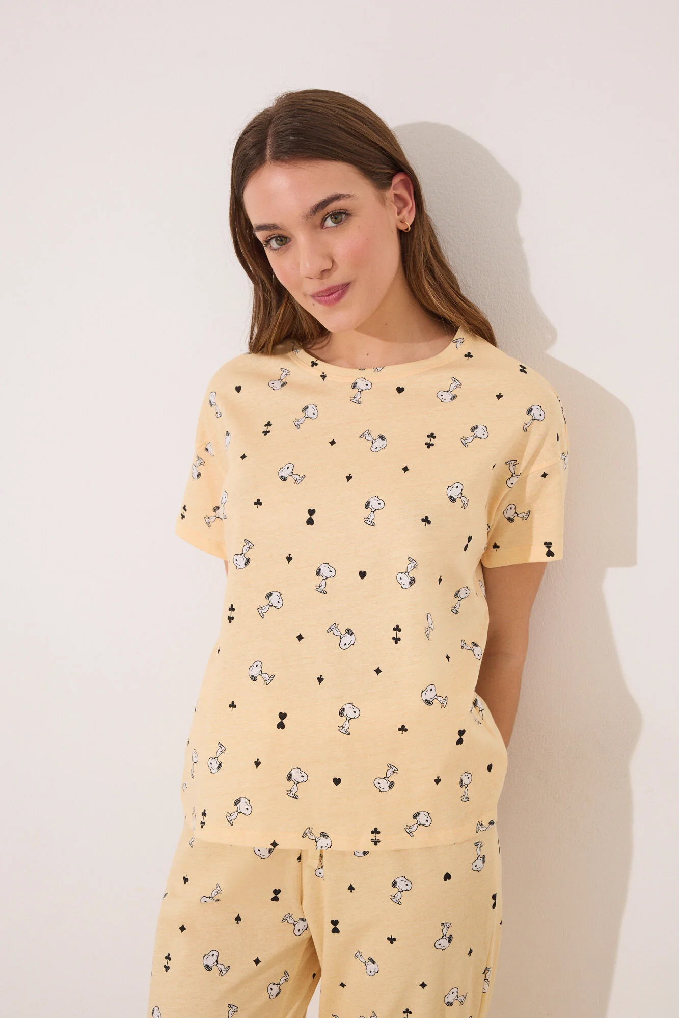 Long short sleeve cotton long pyjamas Snoopy yellow - Image 3
