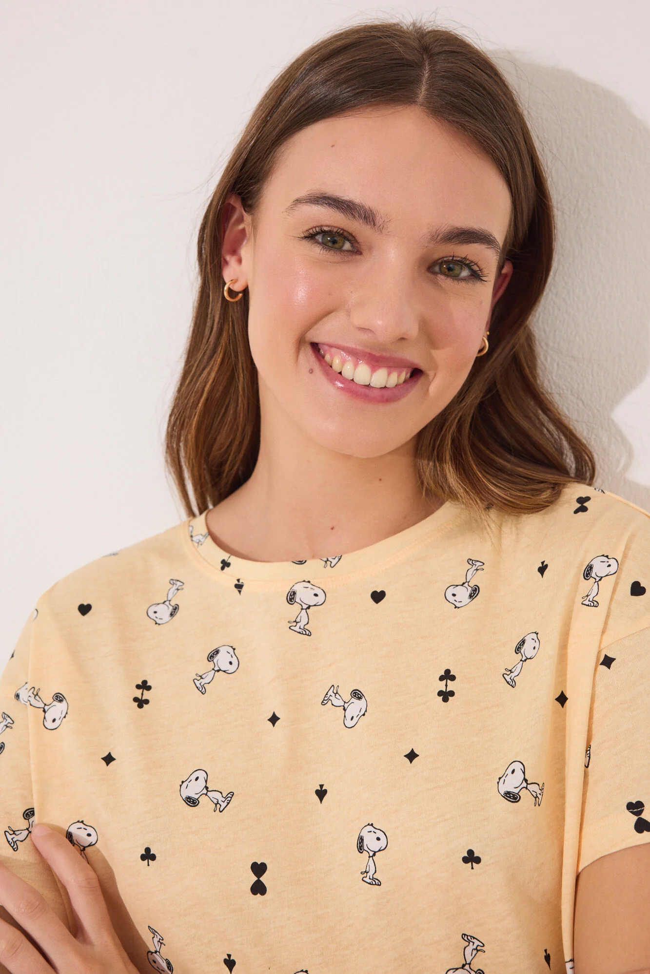 Long short sleeve cotton long pyjamas Snoopy yellow - Image 4