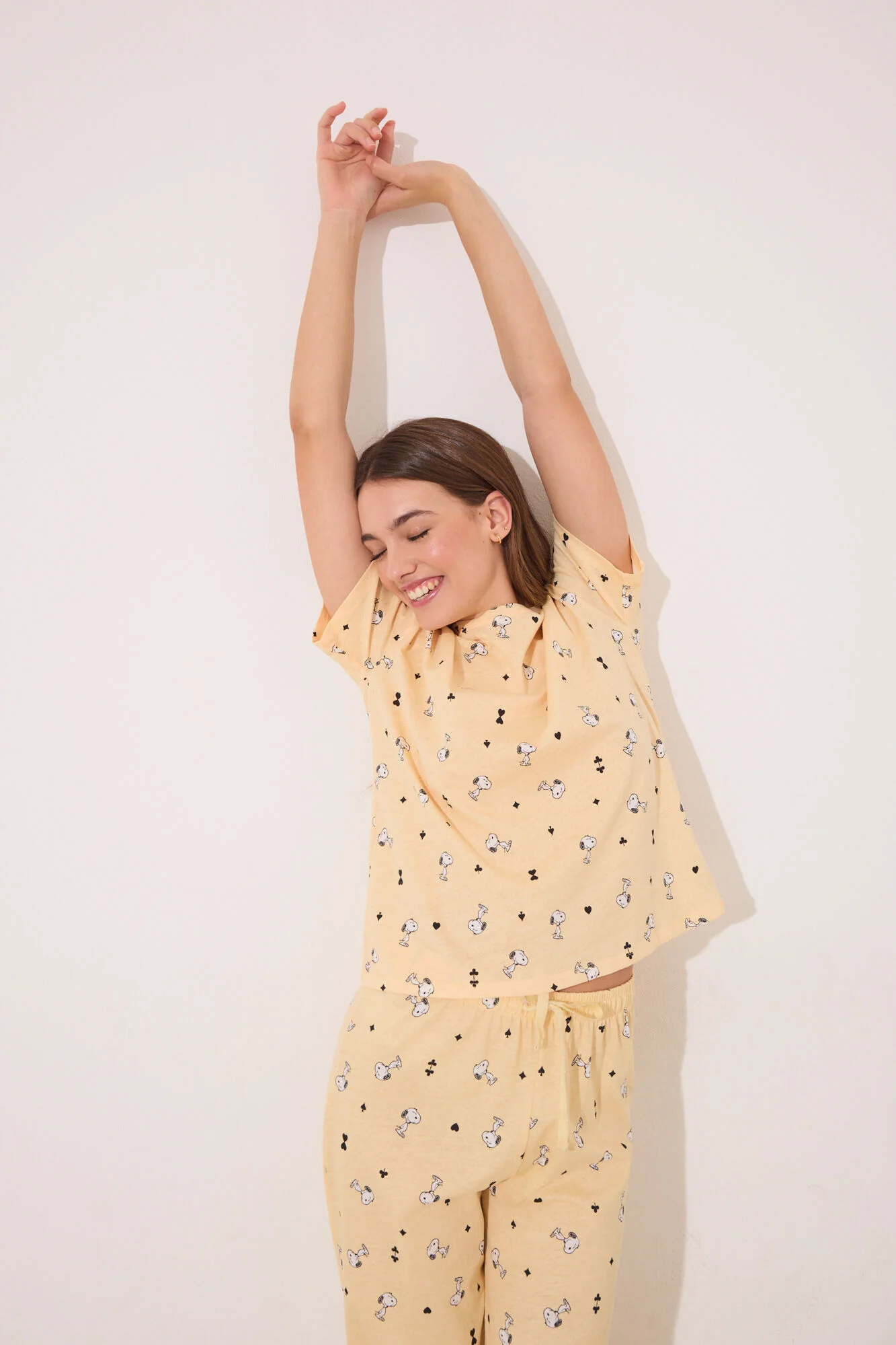 Long short sleeve cotton long pyjamas Snoopy yellow - Image 6