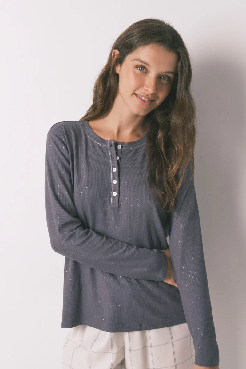 Long sleeve glossy grey viscose T-shirt