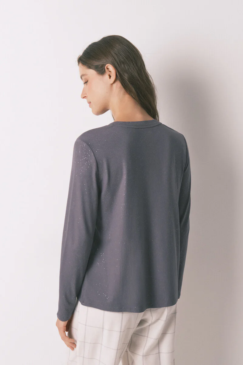 Long sleeve glossy grey viscose T-shirt - Image 2