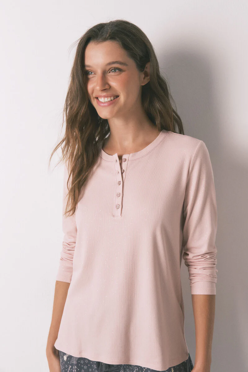 Long sleeve pink glitter viscose T-shirt
