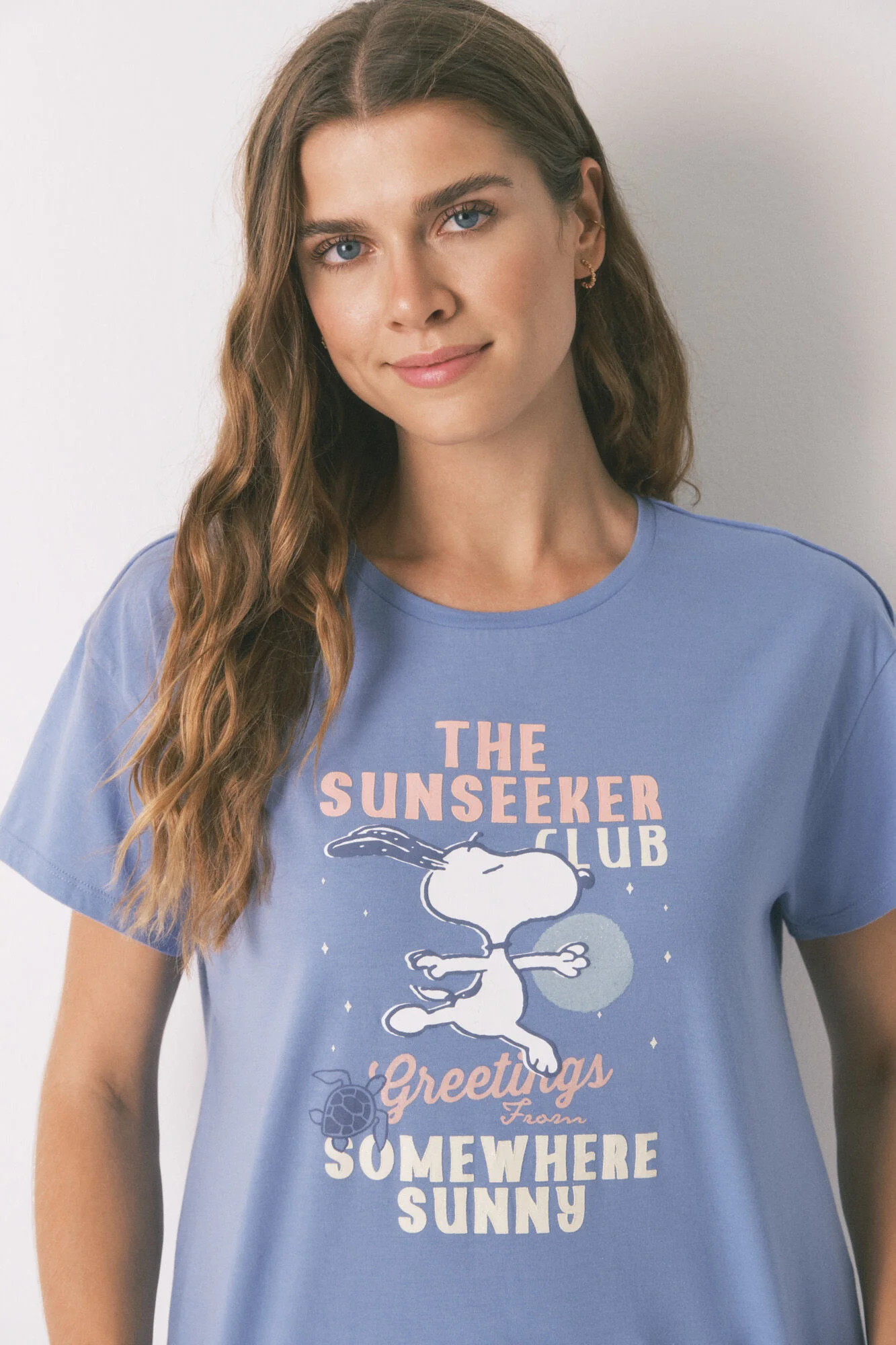 Long Snoopy short sleeve long pyjamas in blue cotton - Image 4