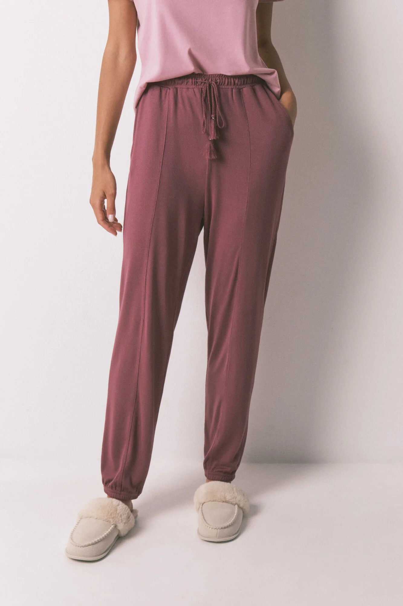 Long soft jersey-knit maroon trouser - Image 2