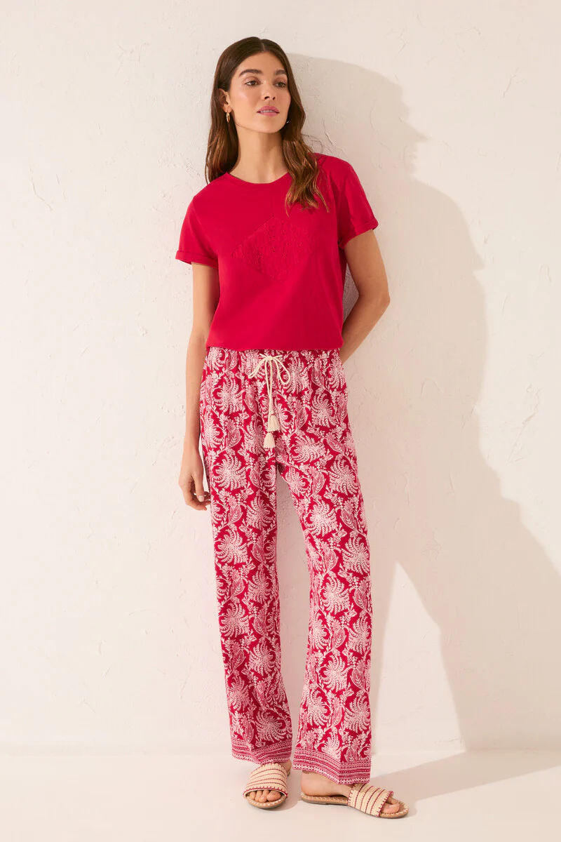 Long viscose trouser with red leaf print