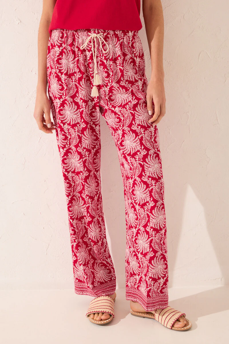 Long viscose trouser with red leaf print - Image 2