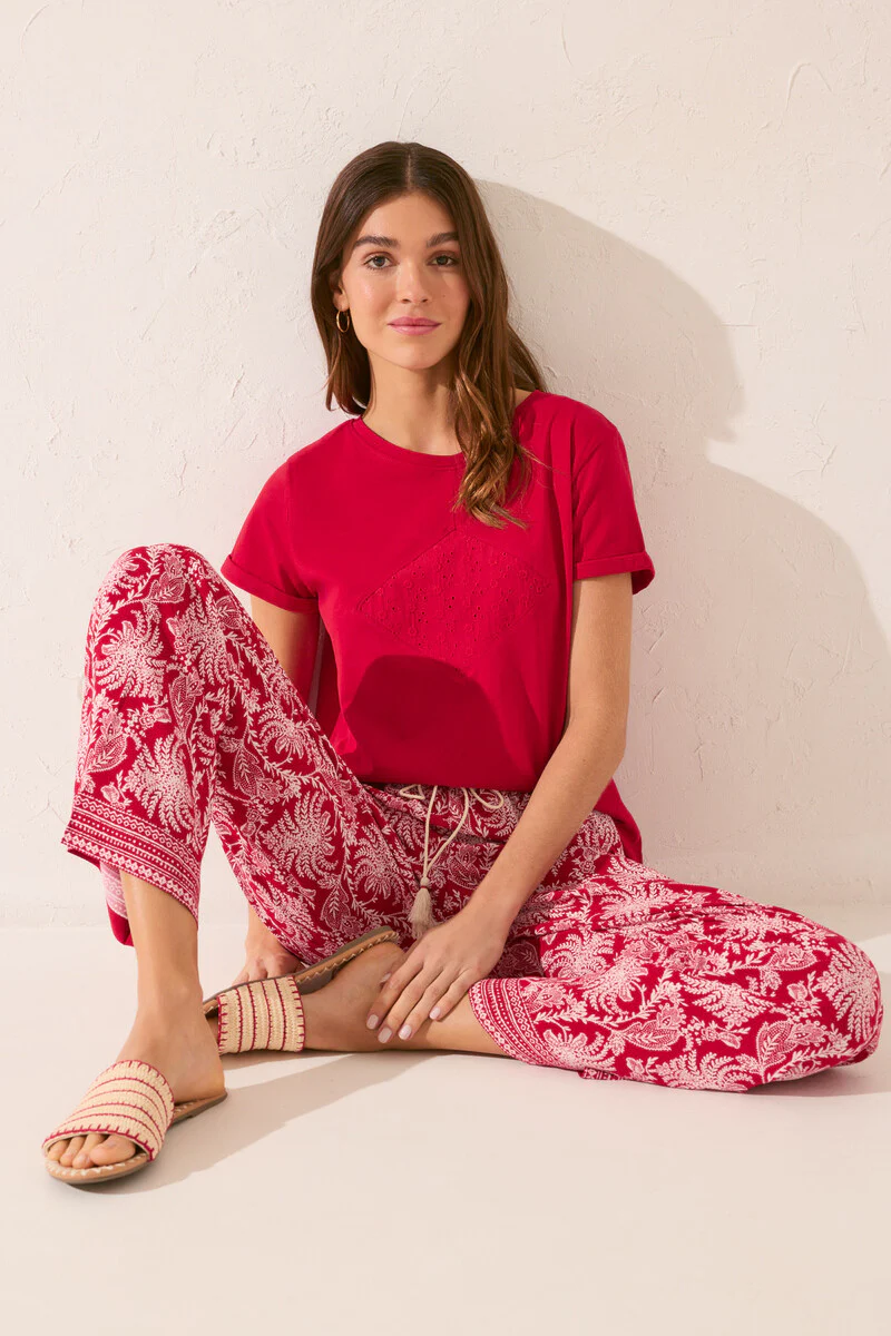 Long viscose trouser with red leaf print - Image 3