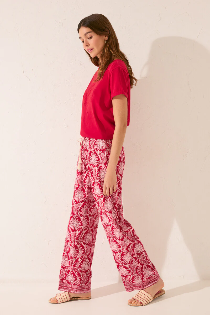 Long viscose trouser with red leaf print - Image 5