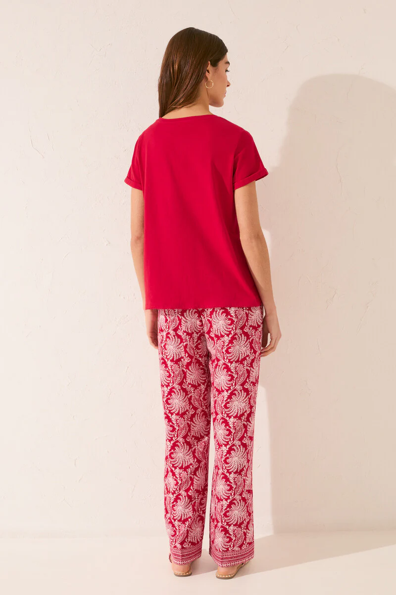 Long viscose trouser with red leaf print - Image 6