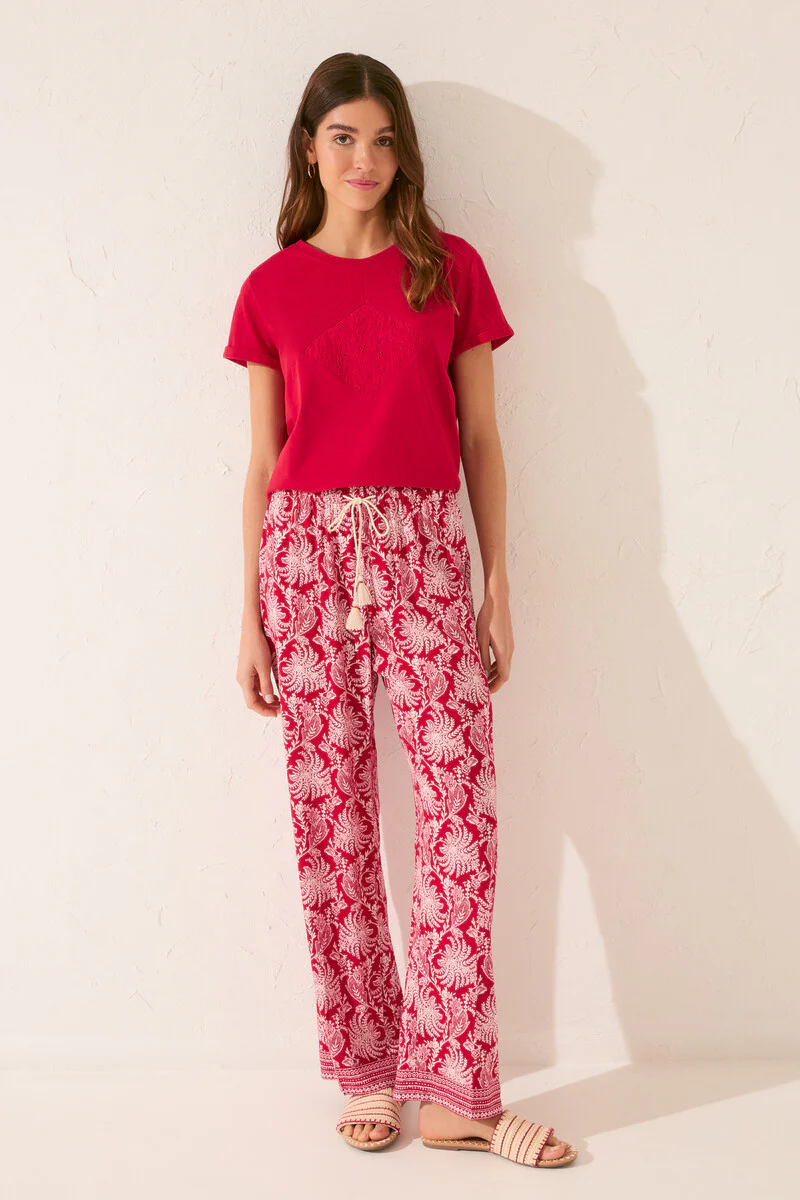 Long viscose trouser with red leaf print - Image 7