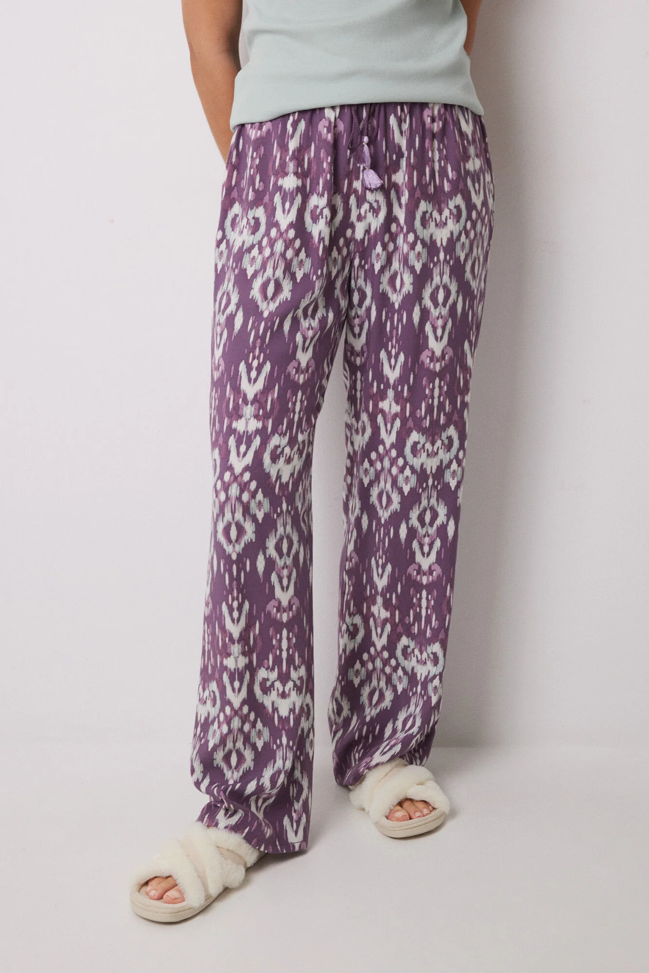 Long viscose trousers with ikat print