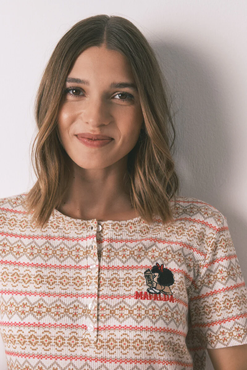 Long waffle-textured plush pajamas with borders Mafalda - Image 5