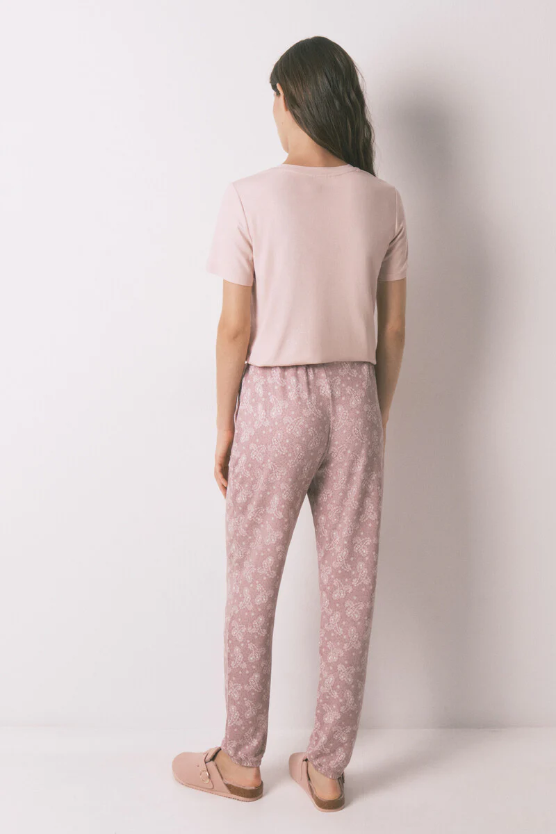 Long warm jersey-knit trouser in soft pink paisley - Image 2