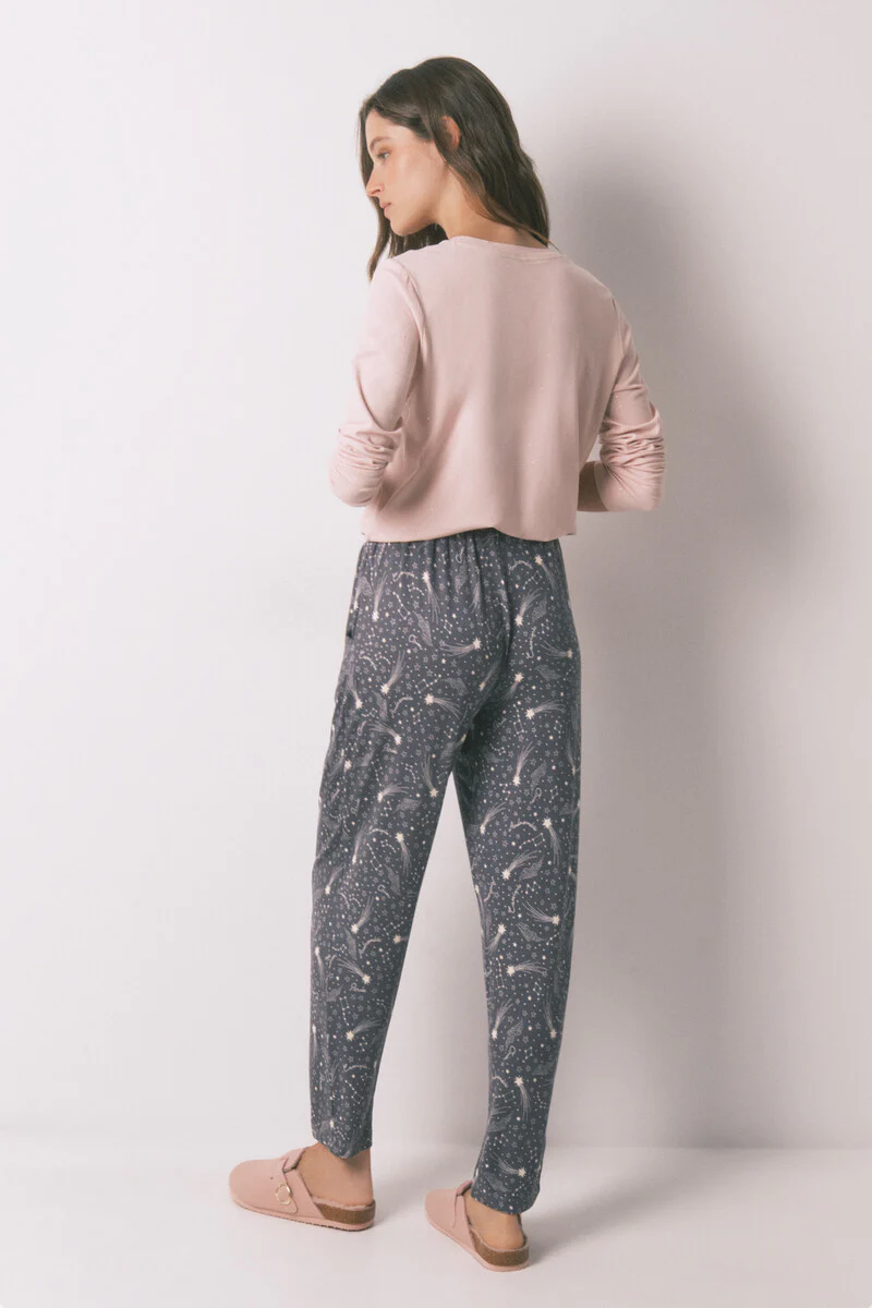 Long warm jersey-knit trouser with soft grey stars - Image 2