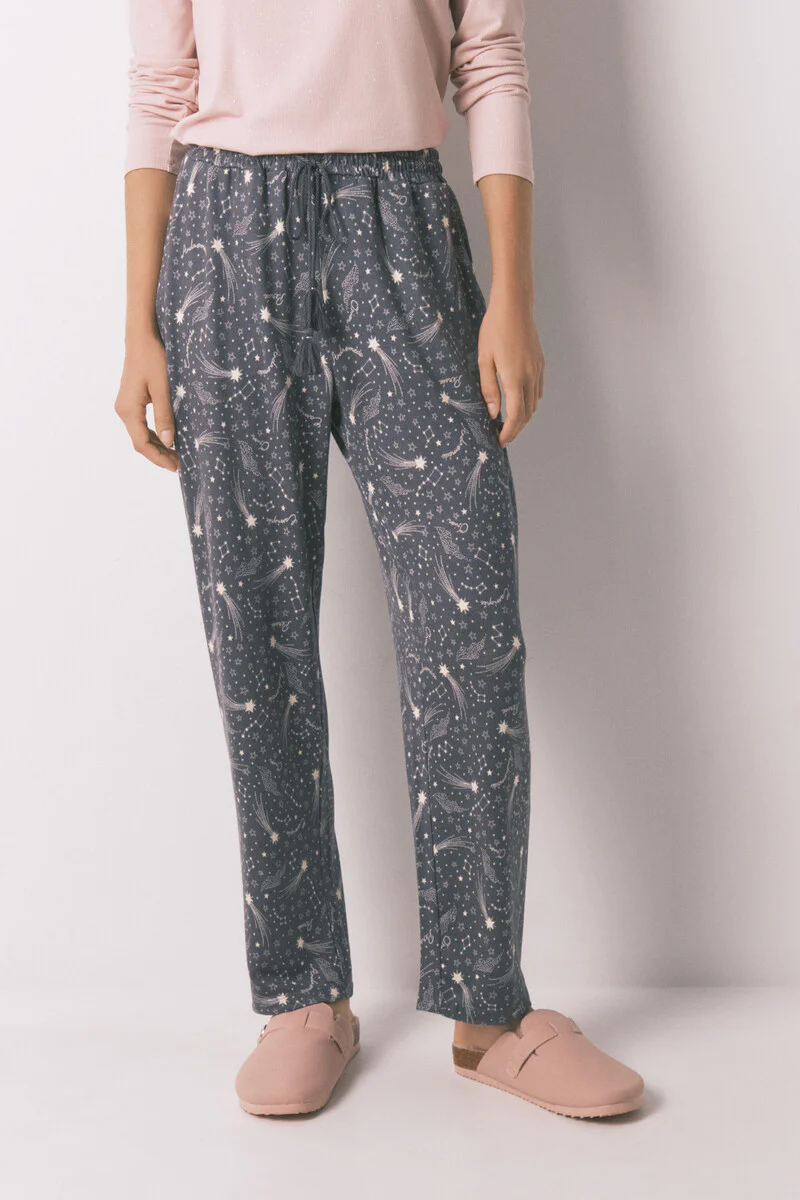 Long warm jersey-knit trouser with soft grey stars - Image 3