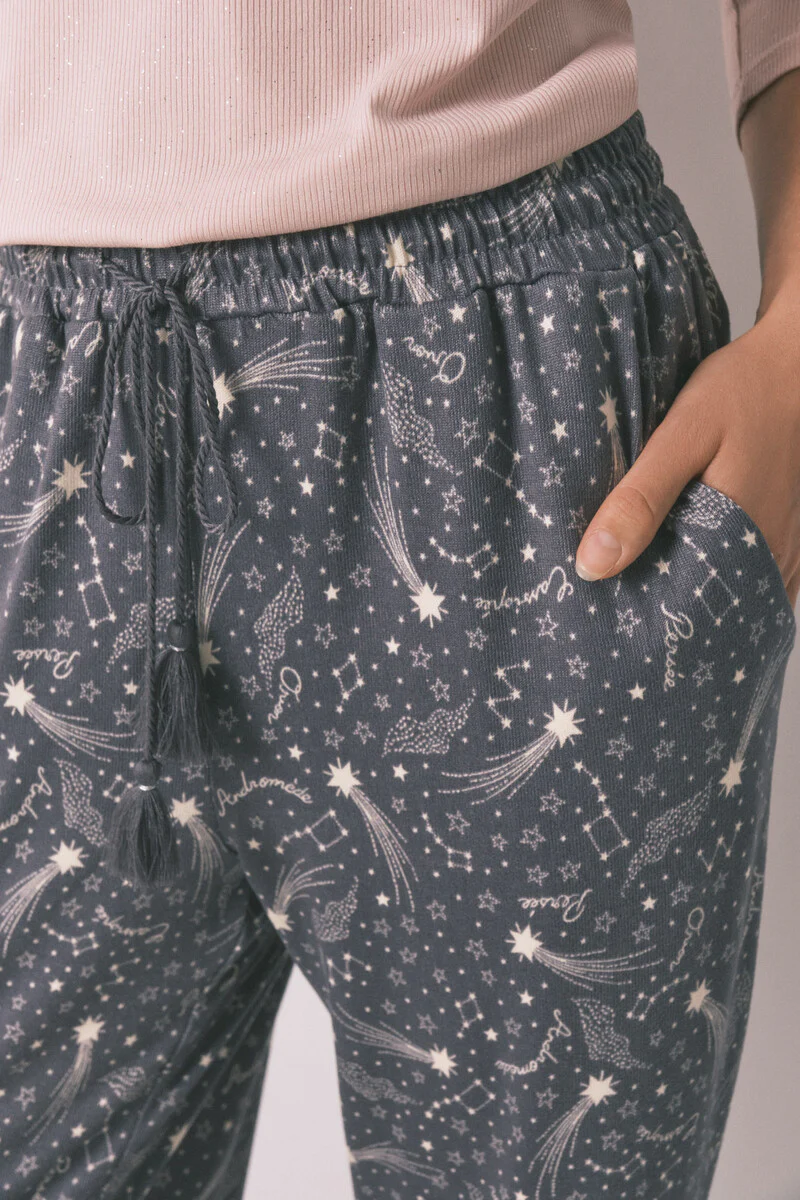 Long warm jersey-knit trouser with soft grey stars - Image 4