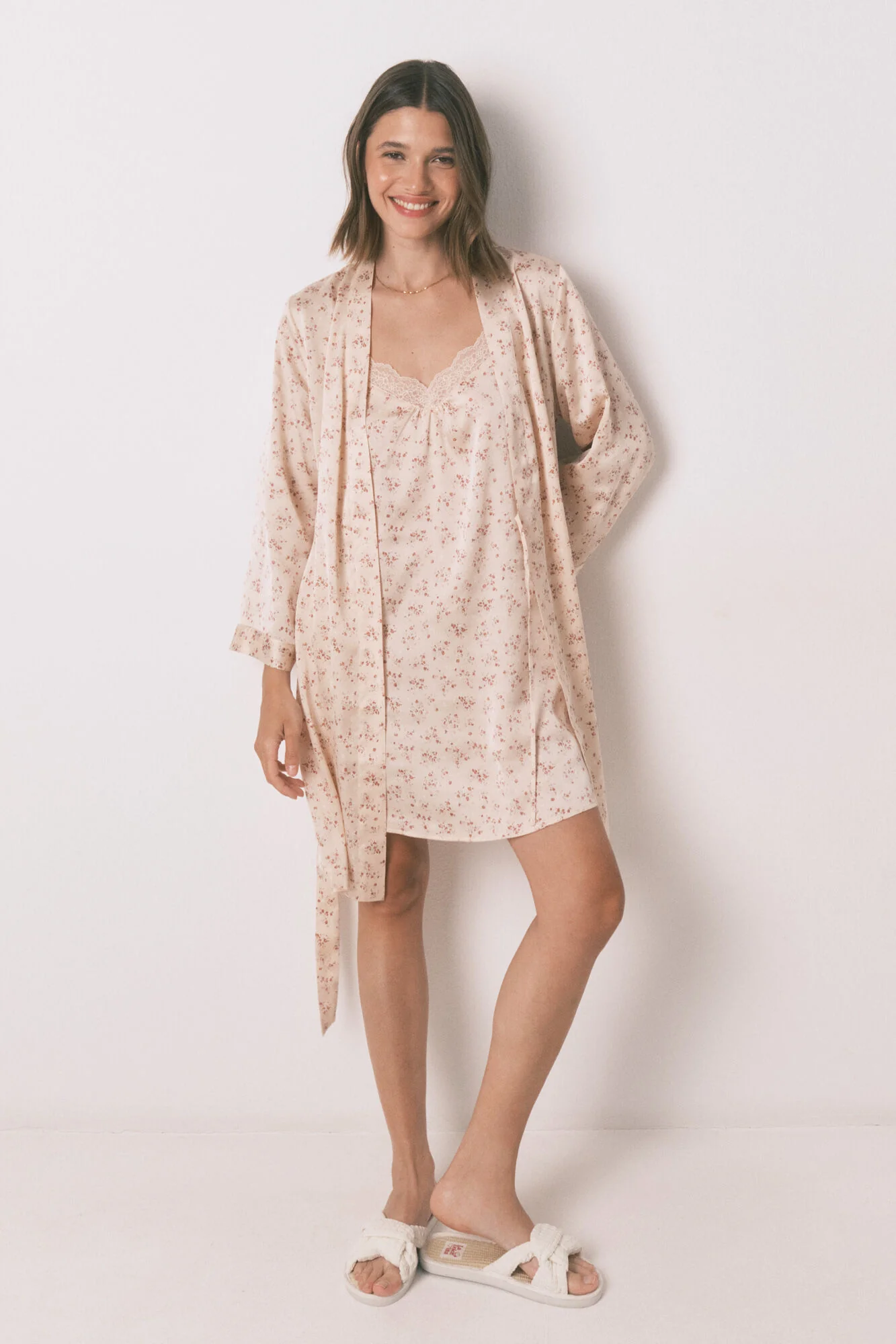 Loose midi satin robe with pink flower - Image 6