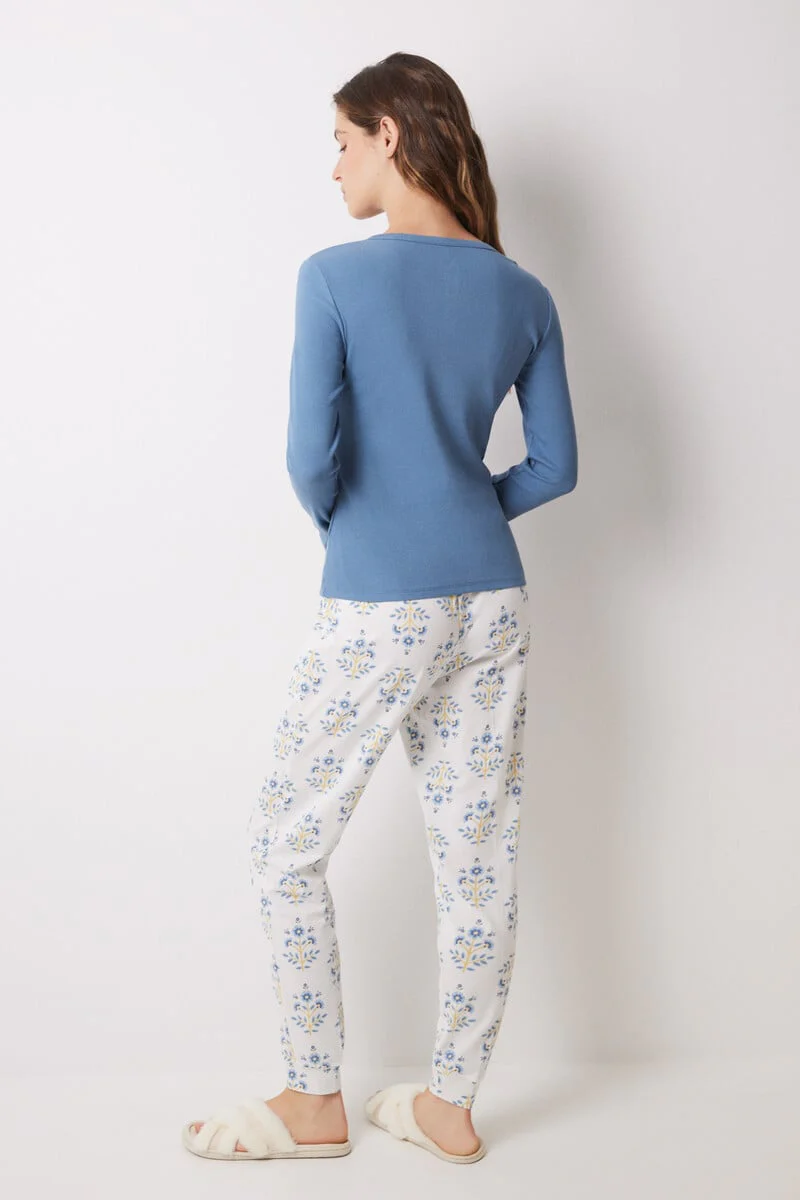 Long blue cotton floral pyjamas - Image 2
