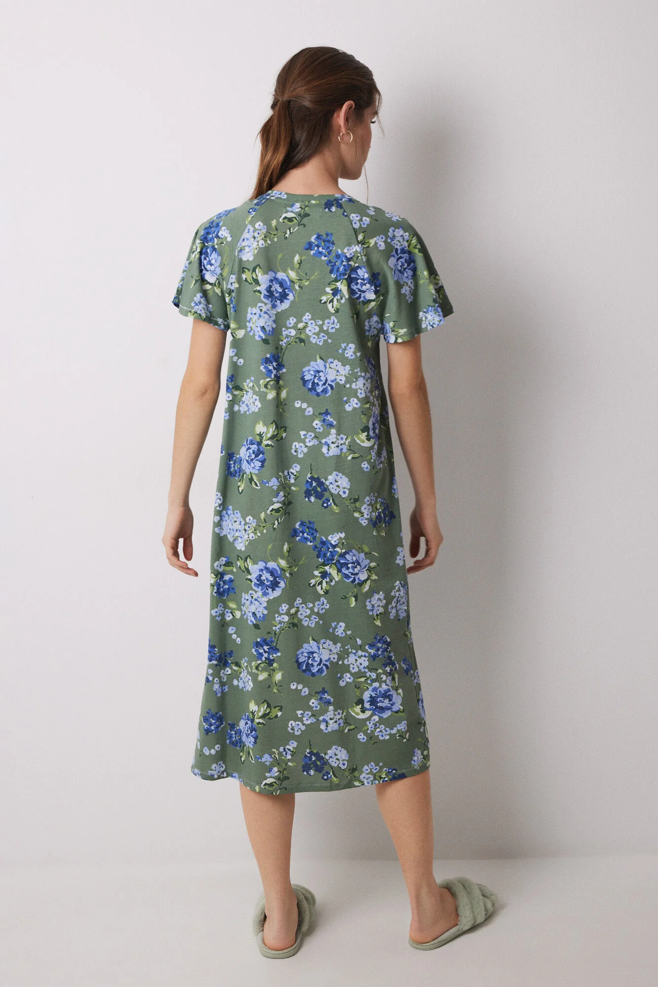Midi nightgown 100% cotton green flowers - Image 3