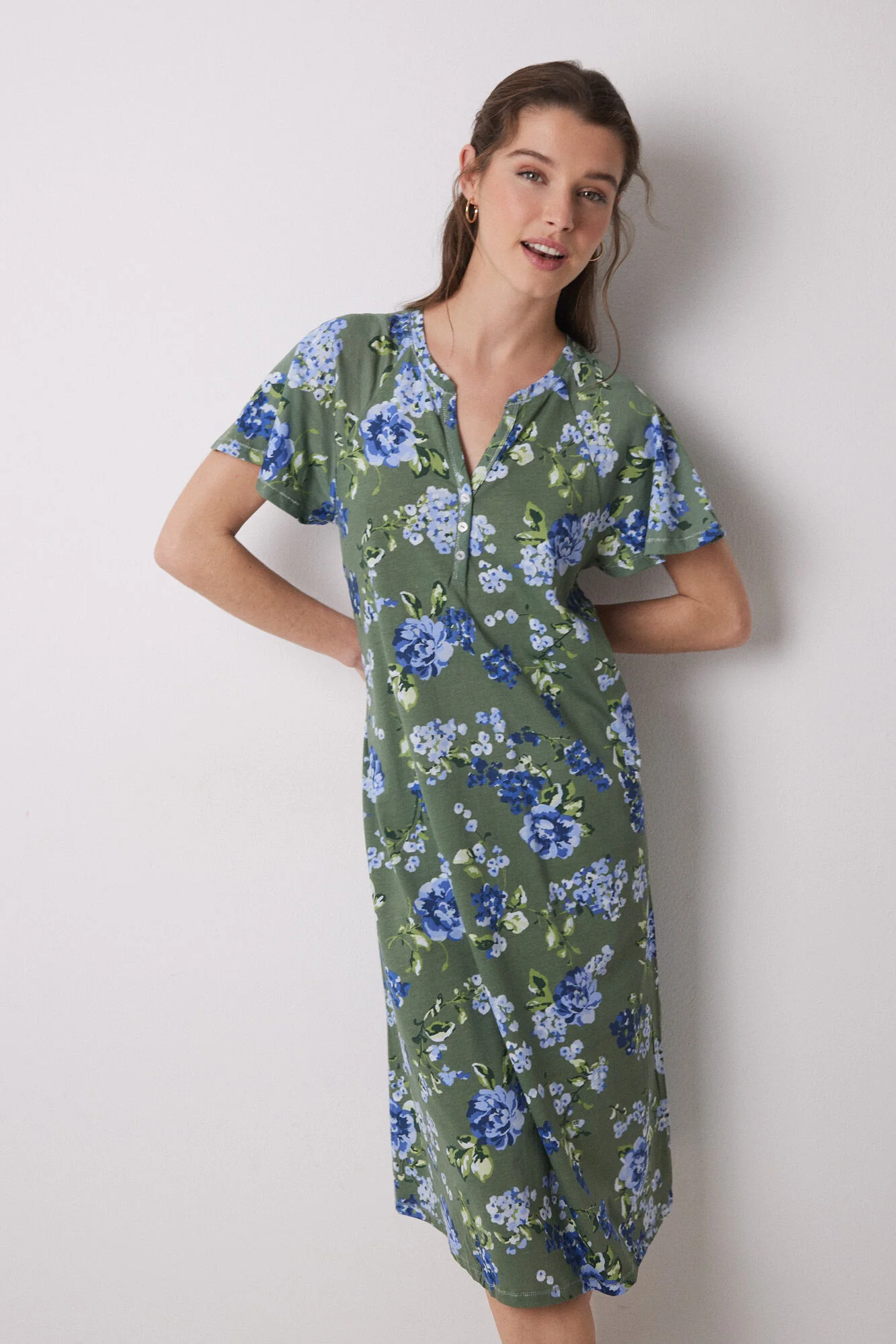 Midi nightgown 100% cotton green flowers - Image 4