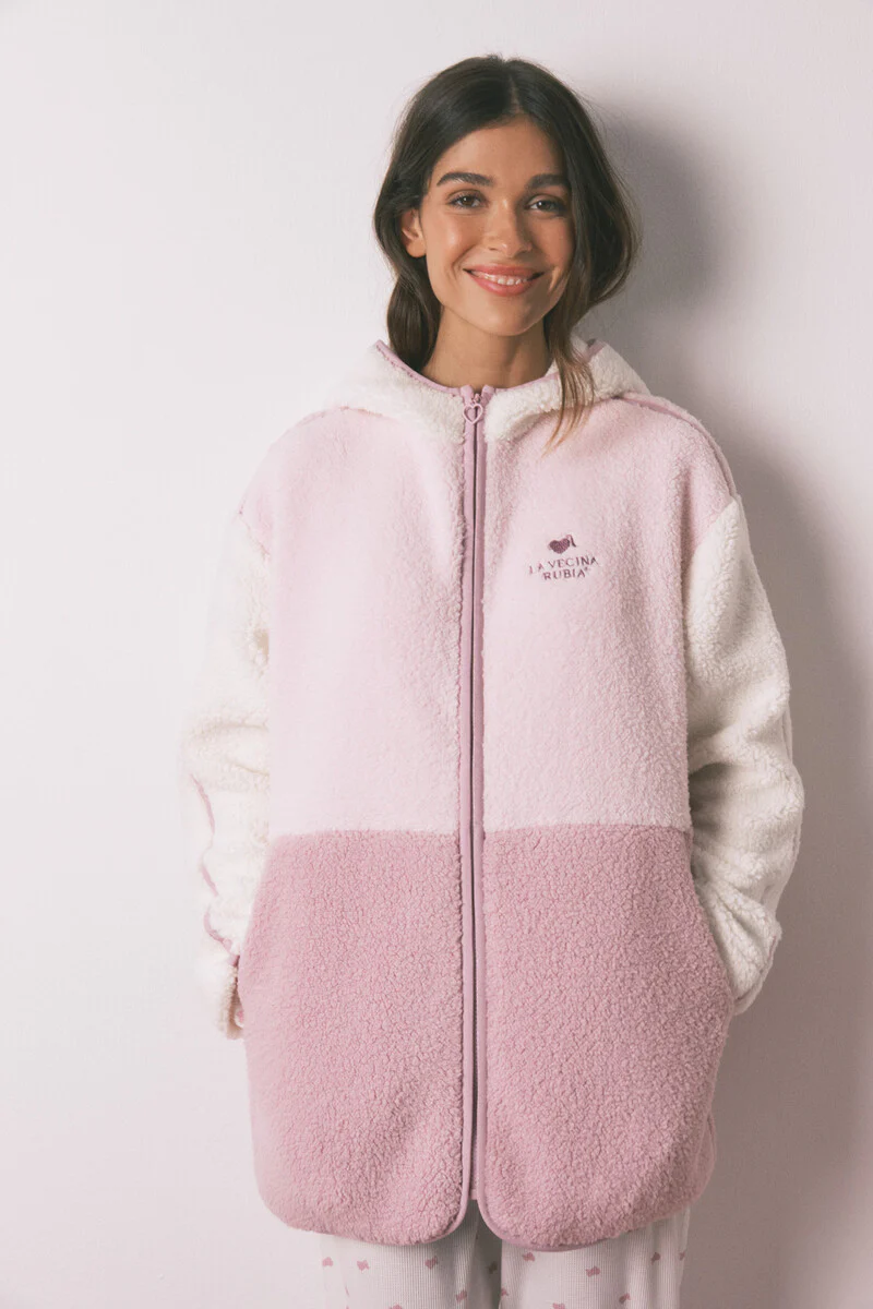 Multicoloured faux shearling robe with hood