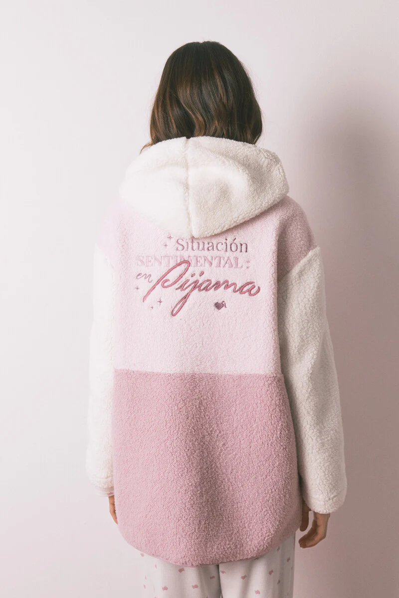 Multicoloured faux shearling robe with hood - Image 2