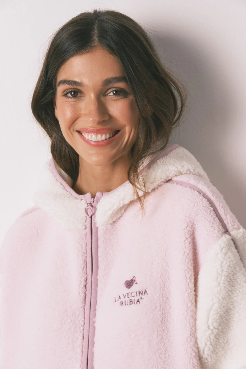 Multicoloured faux shearling robe with hood - Image 3