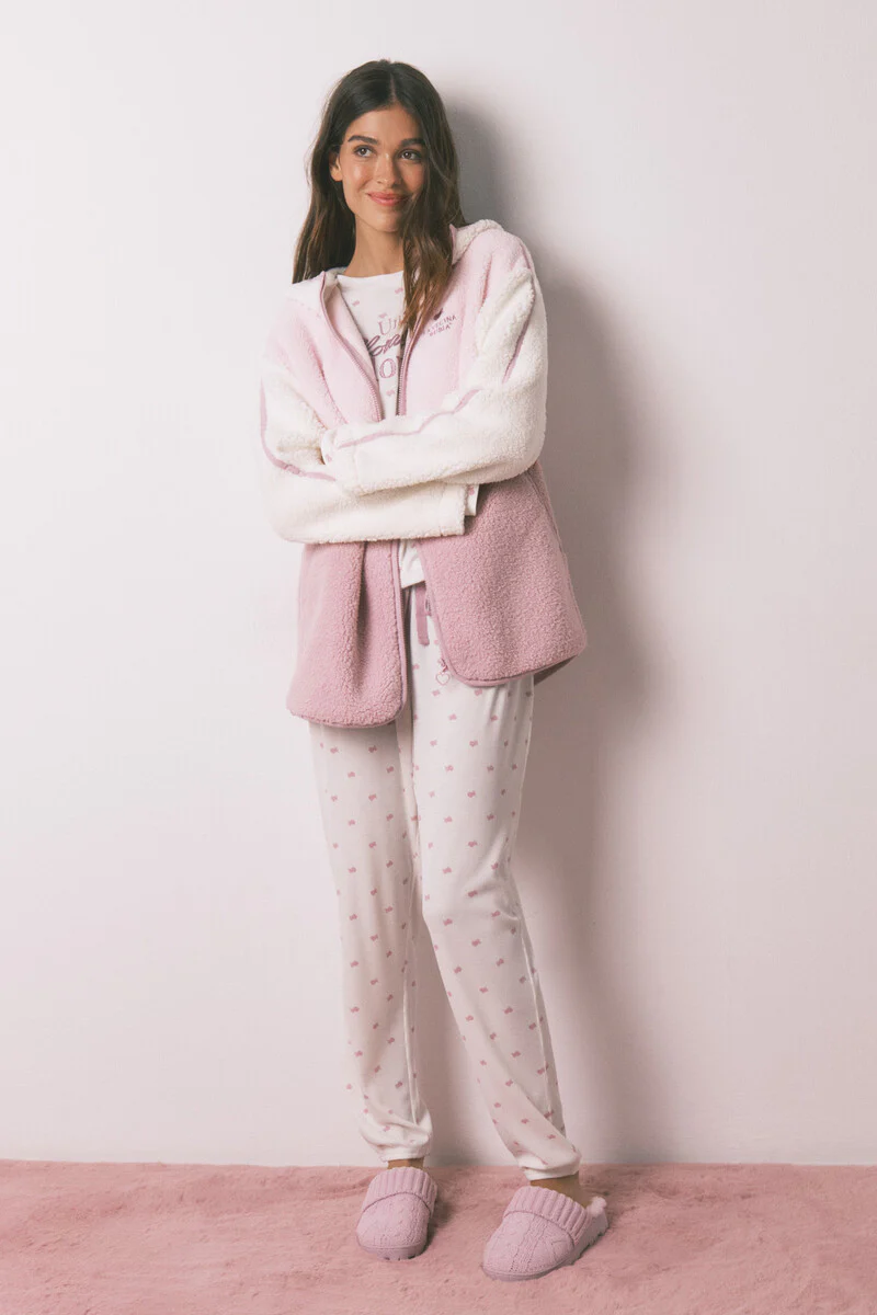 Multicoloured faux shearling robe with hood - Image 5