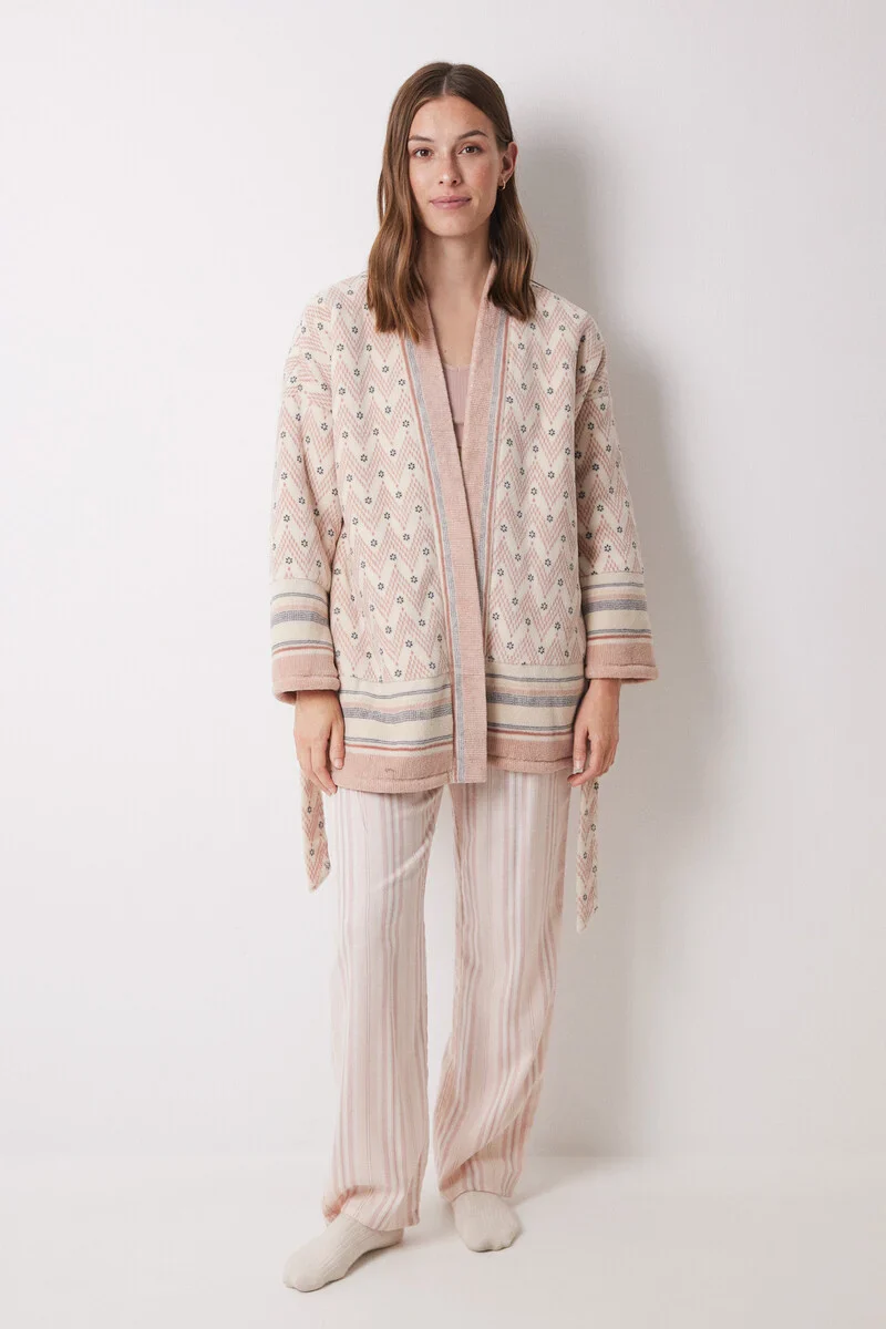 Short fleece robe with herringbone print - Image 3