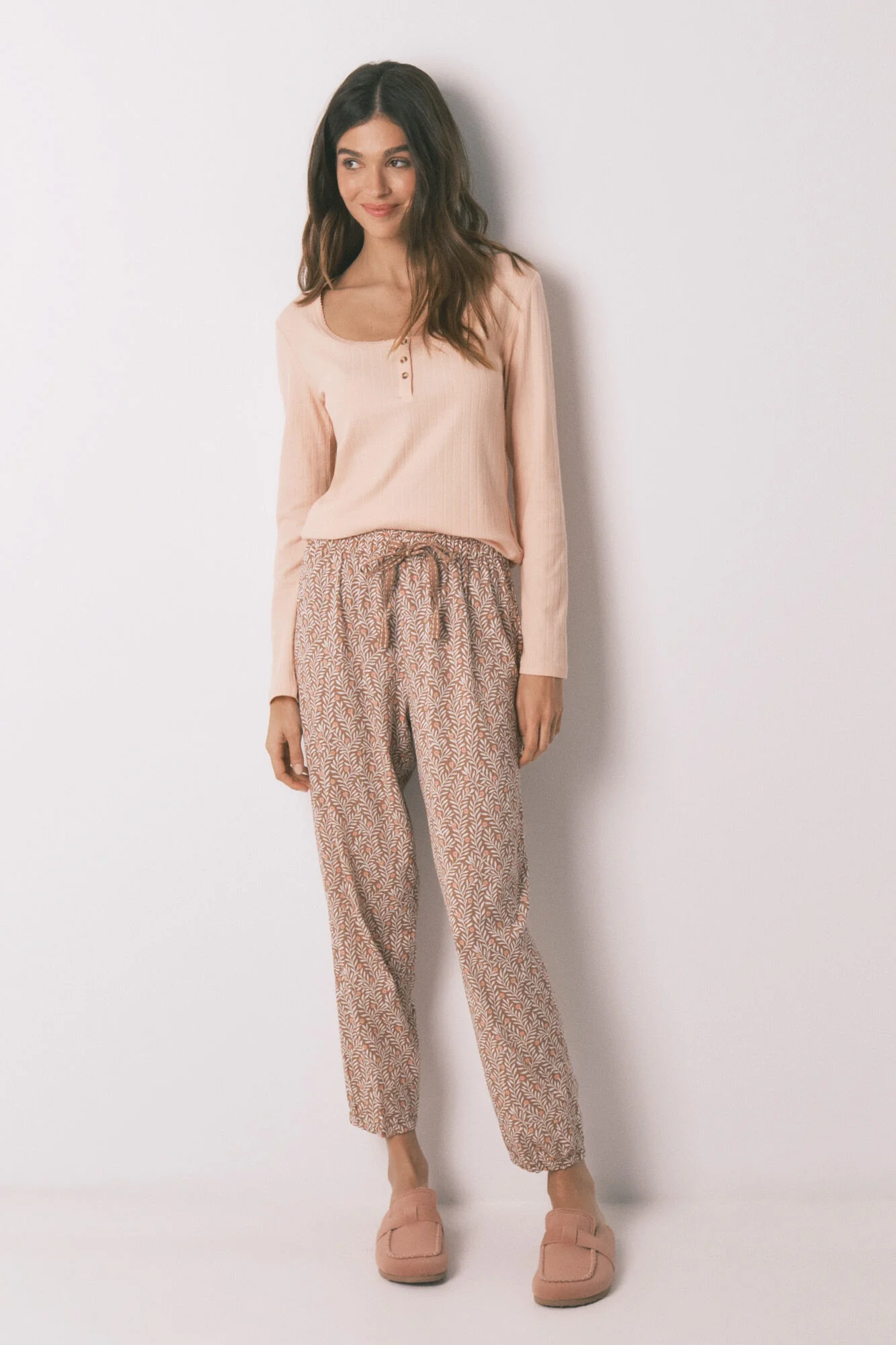 Pink cotton floral print long pyjamas