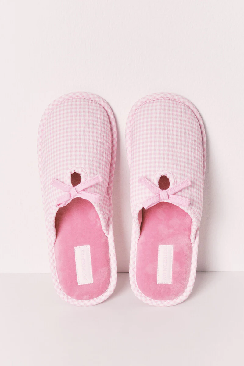 Pink gingham checkered house slippers with bow - Image 3