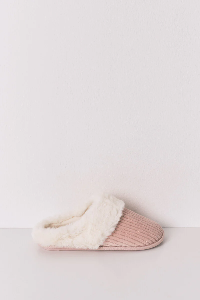 Pink lurex fur ribbed slippers