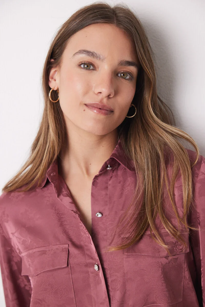 Pink satin jaquard shirt pajamas - Image 2